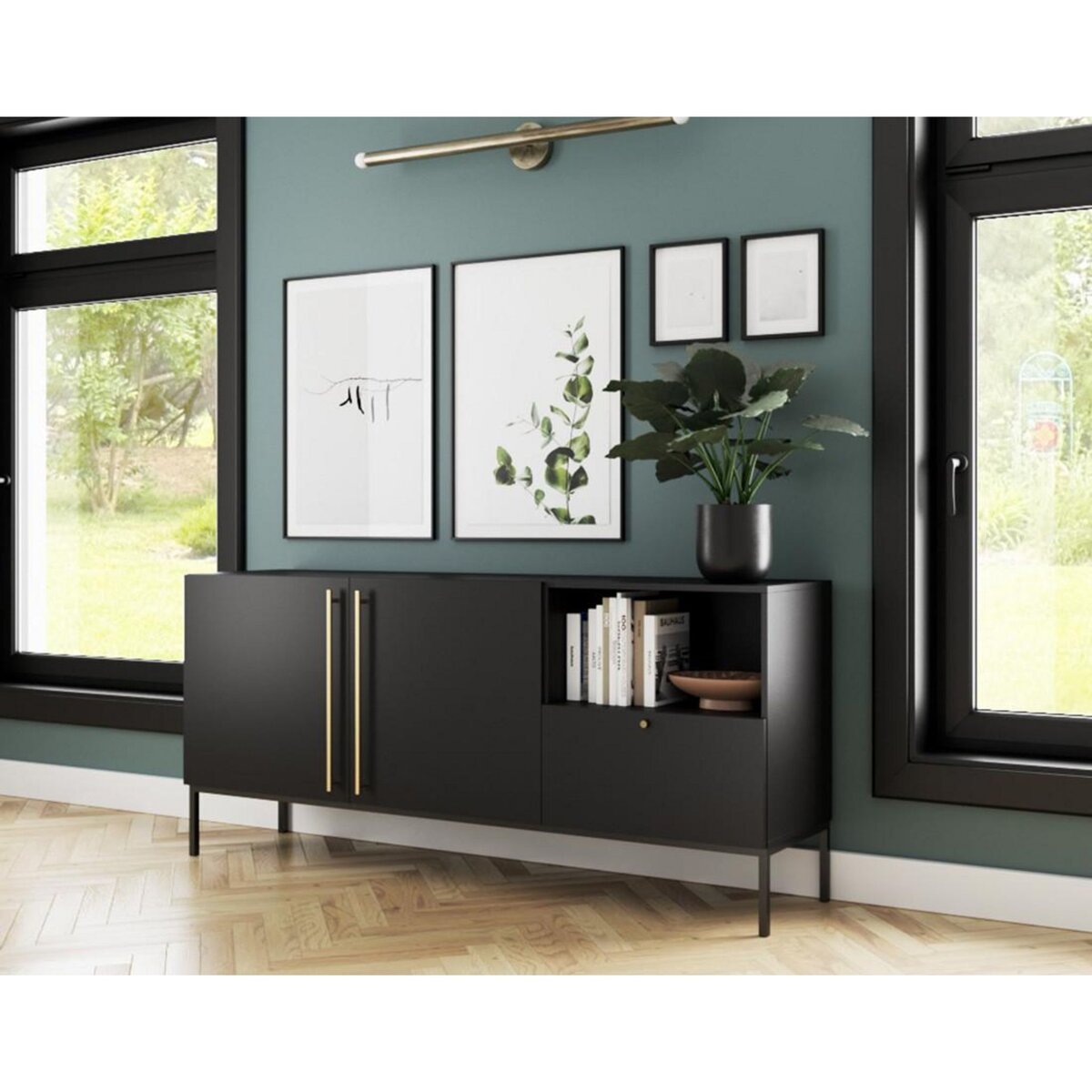 BEST MOBILIER Felicia - buffet bas - noir - 2 portes, 1 tiroir et 1 niche - 180 cm