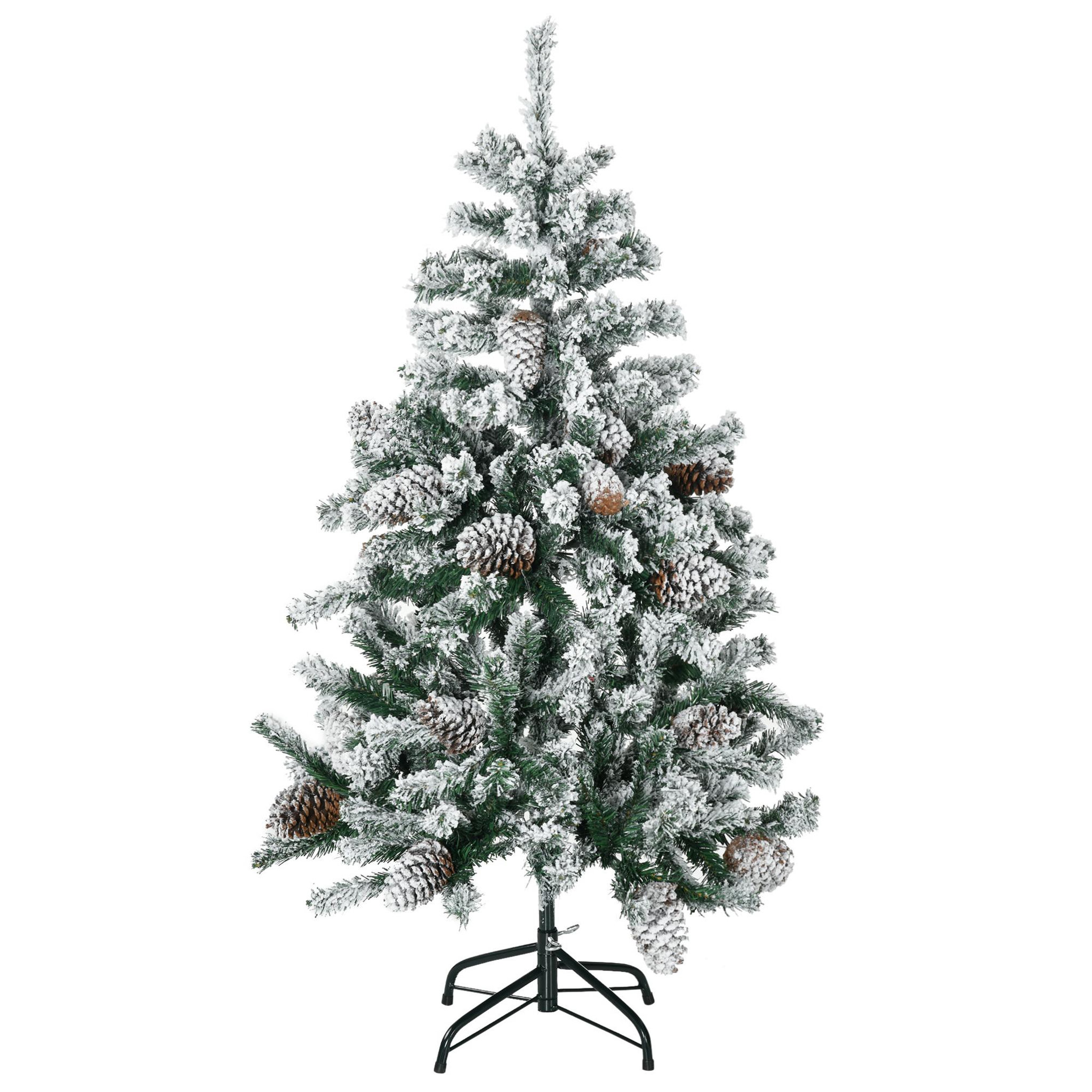 Voir la diapositive 1 : HOMCOM Sapin de Noël artificiel avec 28 pommes de pin arbre de Noël 269 branches enneigées support en acier socle pliable hauteur 120 cm vert