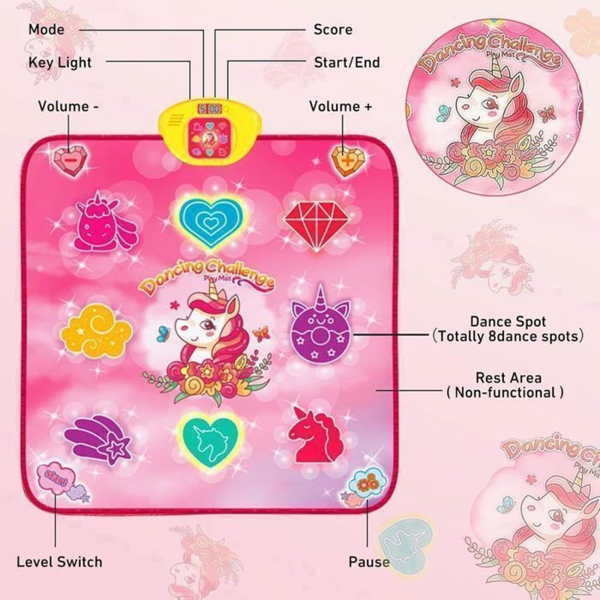 Voir la diapositive 3 : VARO Tapis de danse musical LED pour enfants 3+ VATOS rose, 5 jeux, 3 niveaux, volume réglable, contrôleur jaune, 8 zones