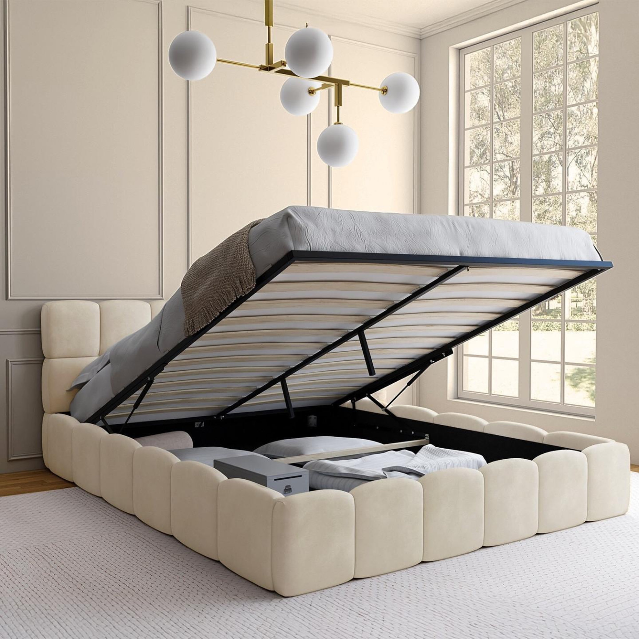 Voir la diapositive 2 : ID MARKET Lit coffre double nuage avec tête de lit matelassée et sommier 160 x 200 cm velours beige