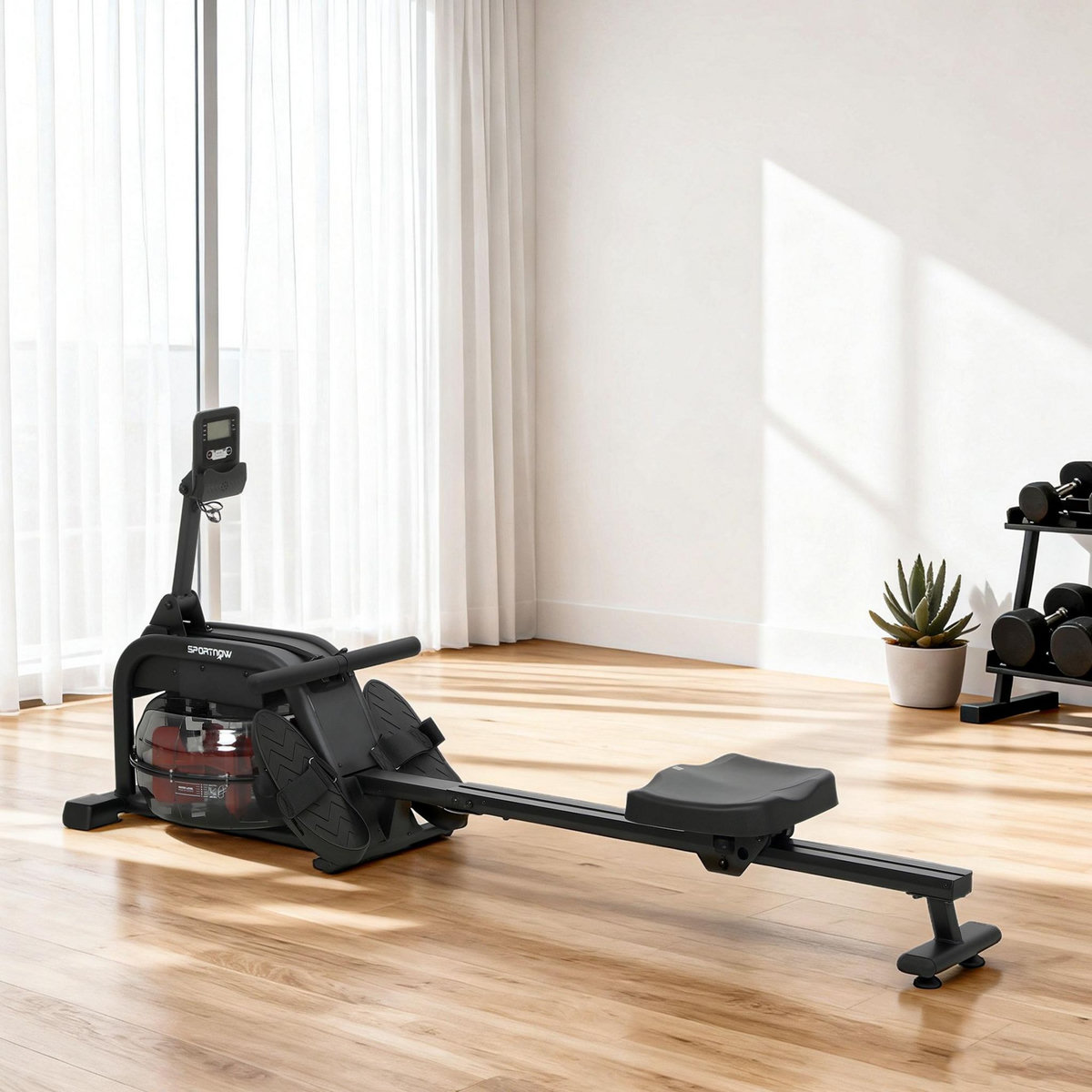 HOMCOM Rameur à eau résistance ajustable réservoir 6-11L écran LCD multifonction rangement vertical acier noir