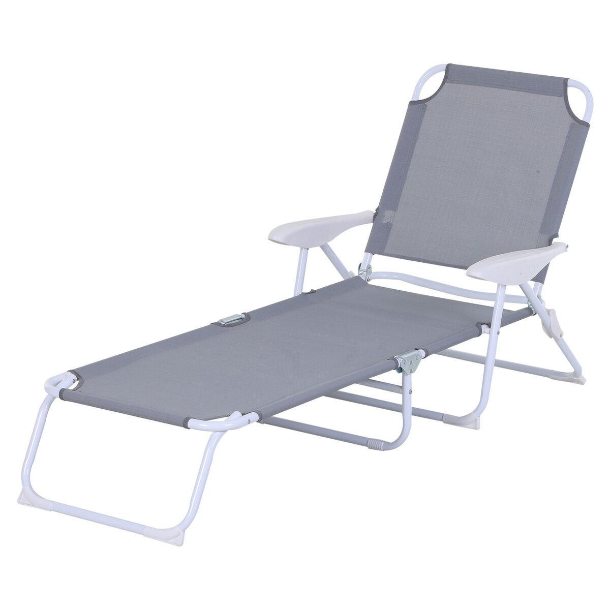 OUTSUNNY Bain de soleil pliable - transat inclinable 4 positions - chaise longue grand confort avec accoudoirs - métal époxy textilène - dim. 160L x 66l x 80H cm - gris clair