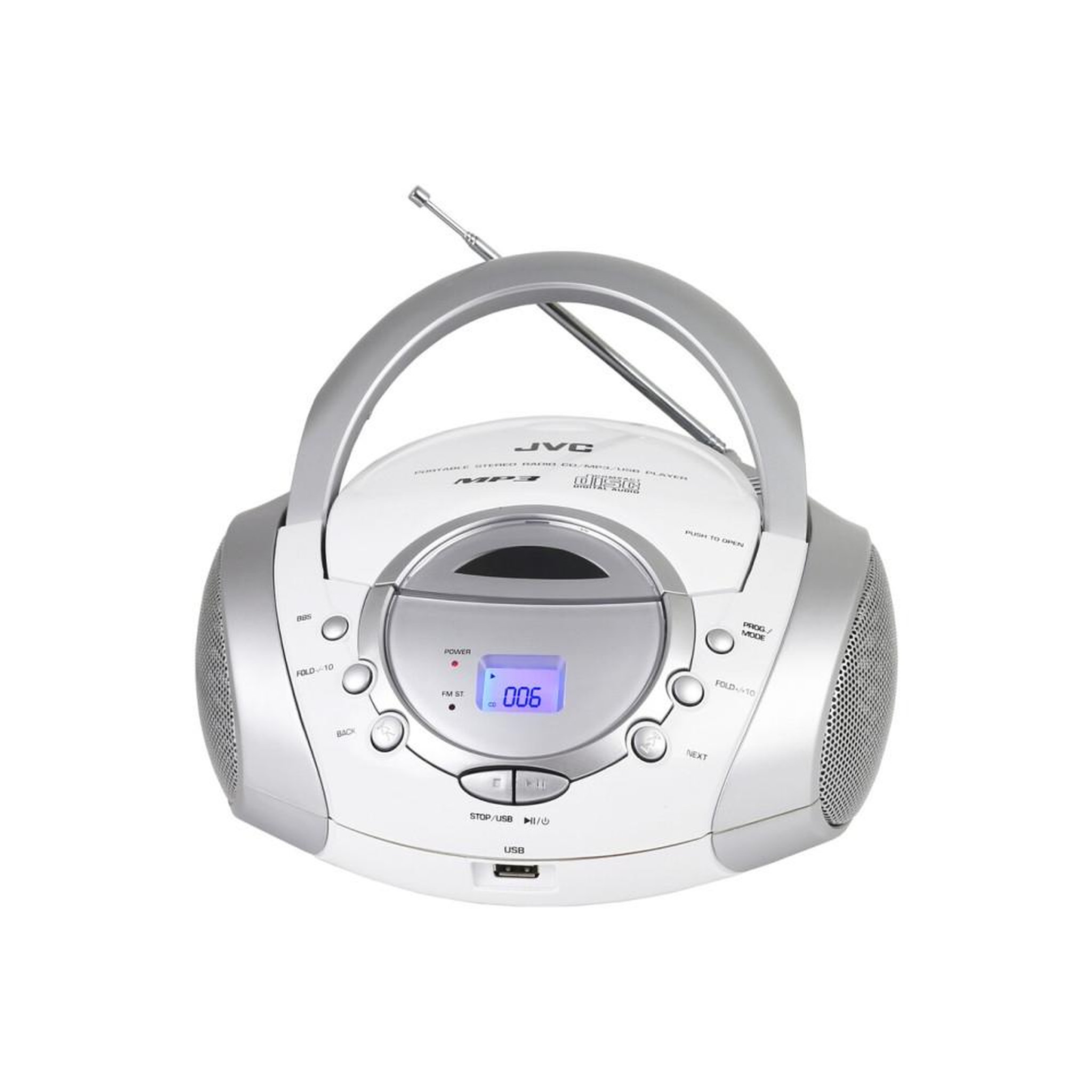 JVC Radio CD stéréo argent RD-F321W avec lecture CD MP3, tuner FM/AM analogique, port USB et entrée AUX