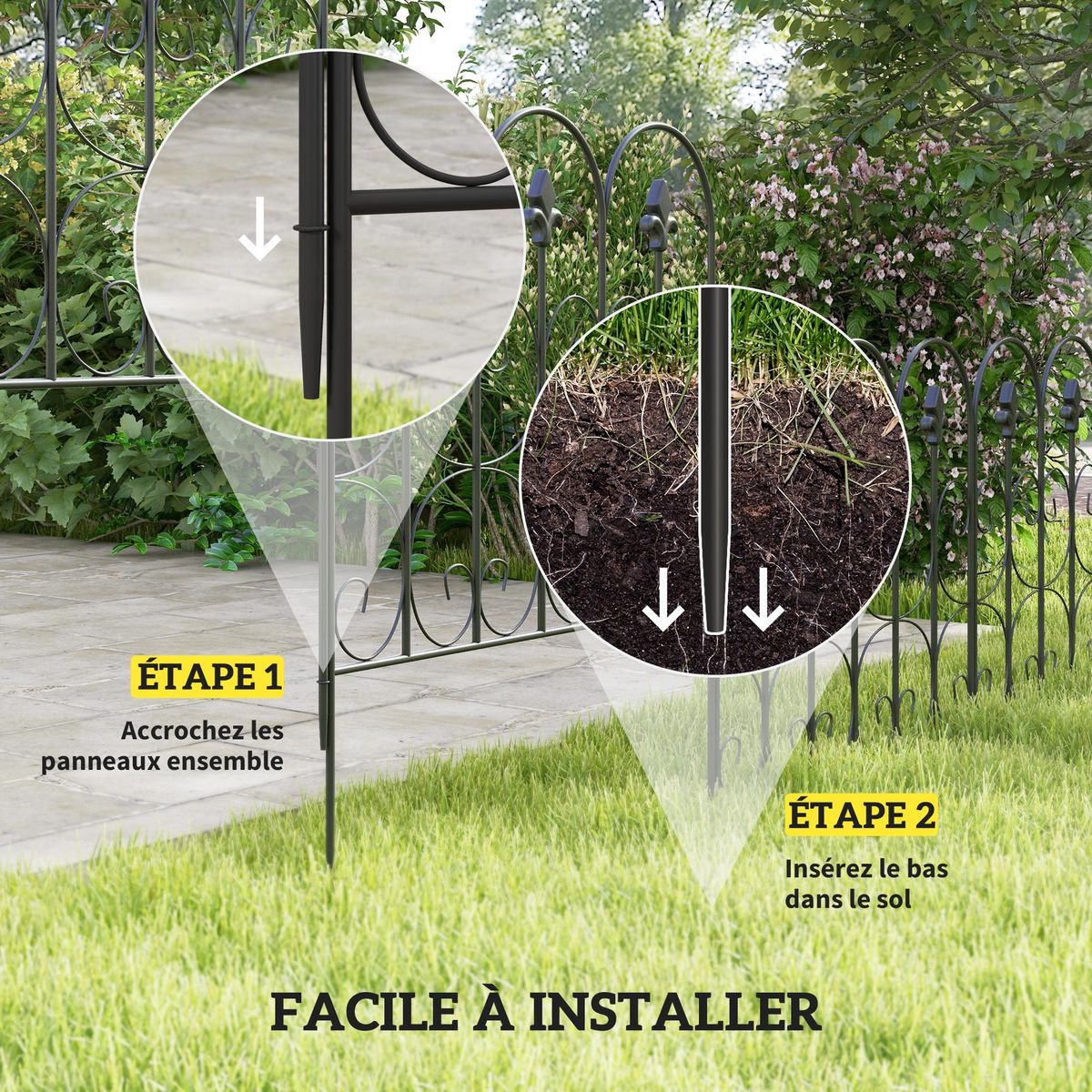 OUTSUNNY Clôture bordure de jardin dim. totales 307L x 83H cm métal époxy noir