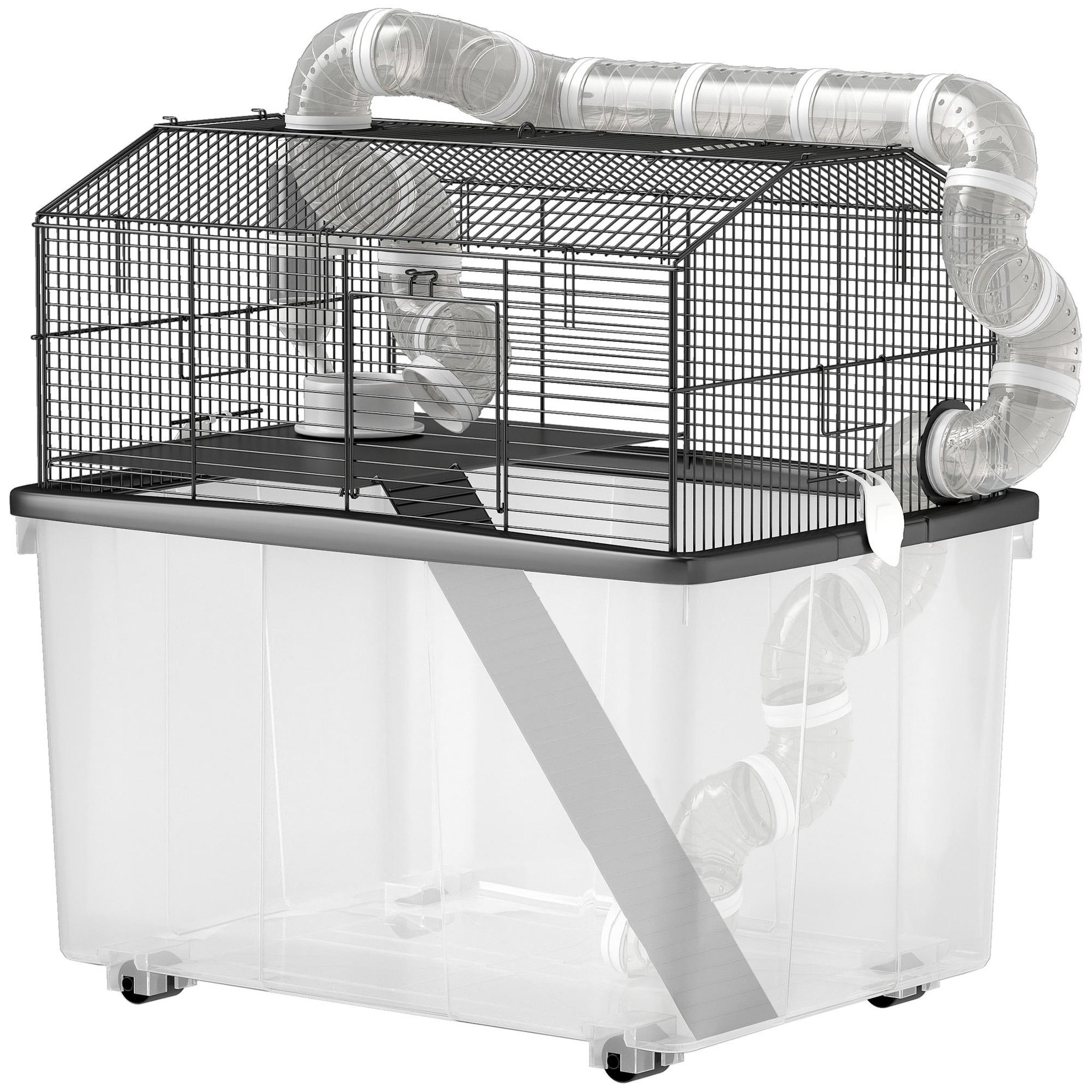 PAWHUT Cage pour hamster sur roulettes - cage à rongeur 2 portes - accessoires multiples - acier noir PP transparent