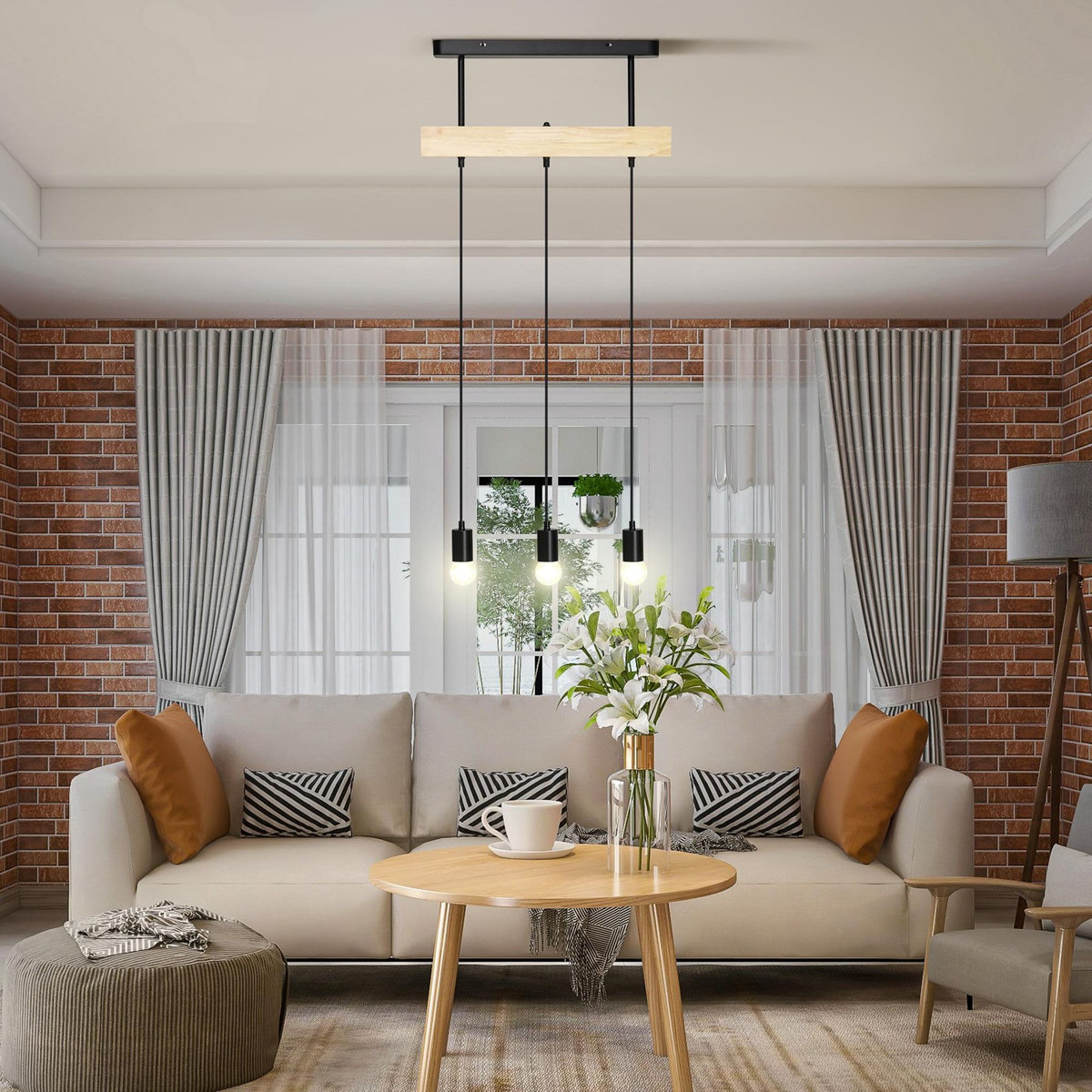 HOMCOM Lustre suspension style industriel 3 lampes 40 W max. hauteur réglable dim. 50L x 8l x 33H cm métal noir bois hévéa