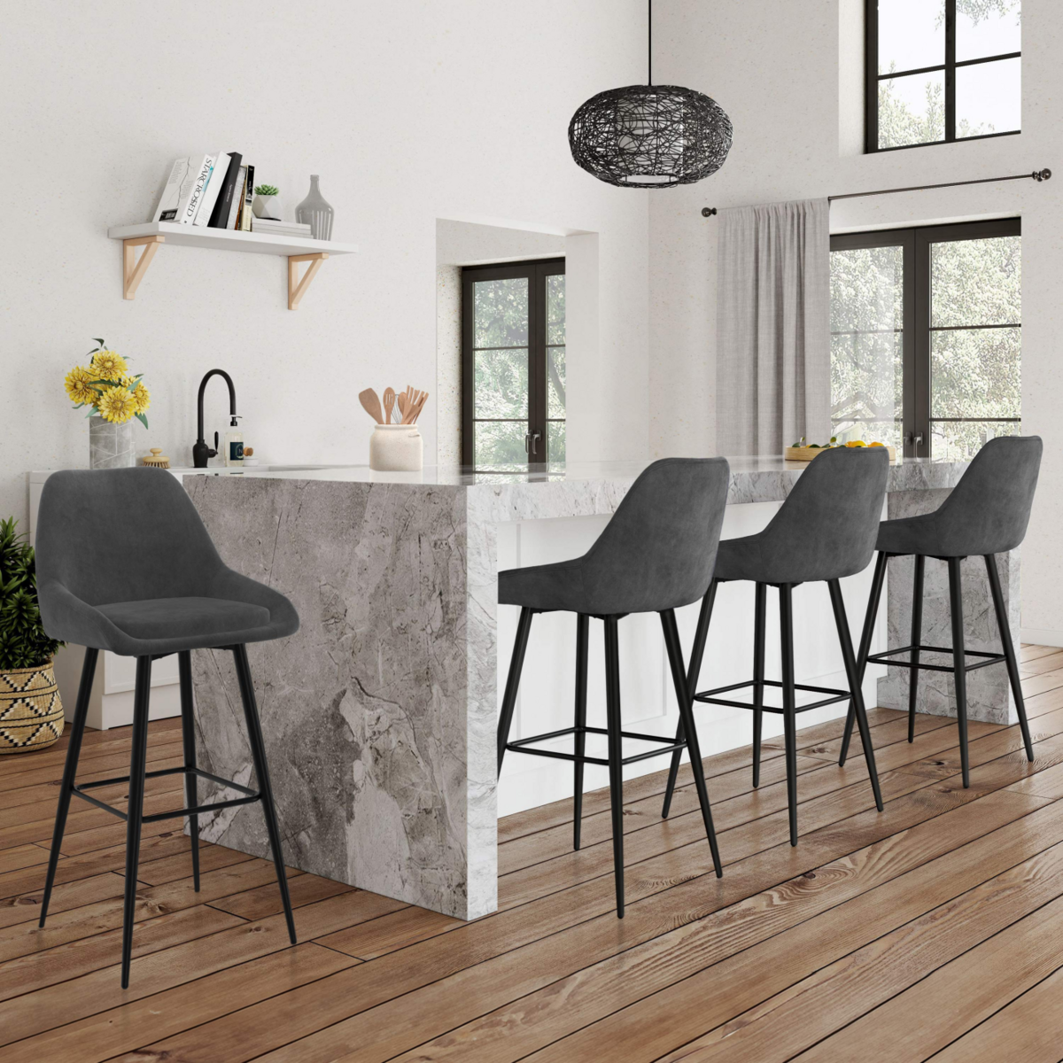 ID MARKET Lot de 4 tabourets de bar THALYA en velours gris foncé avec demi-accoudoirs