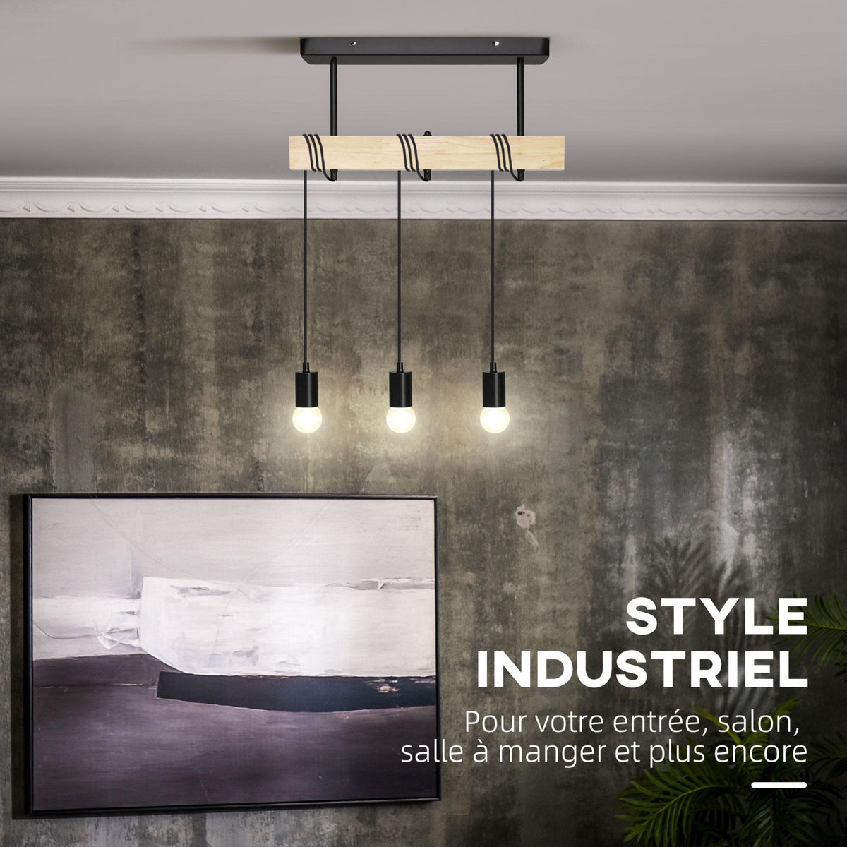 HOMCOM Lustre suspension style industriel 3 lampes 40 W max. hauteur réglable dim. 50L x 8l x 33H cm métal noir bois hévéa