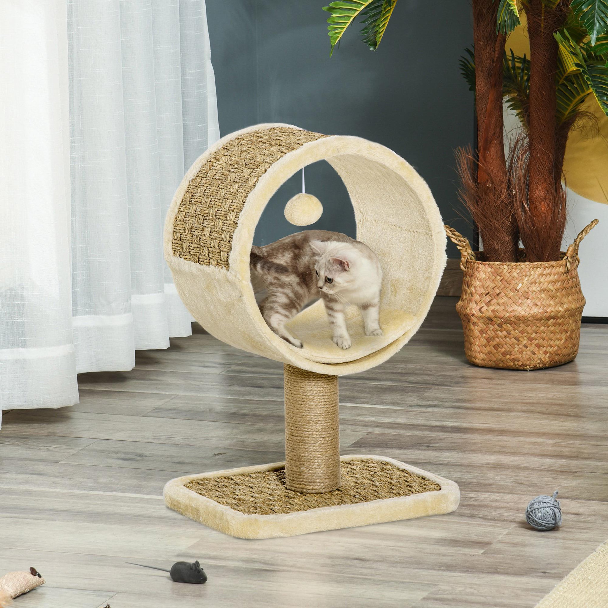 Voir la diapositive 2 : PAWHUT Arbre à chat rond style cosy chic griffoir grattoirs sisal jeu suspendu souris niche avec coussin cordes d'algues tressées peluche courte beige
