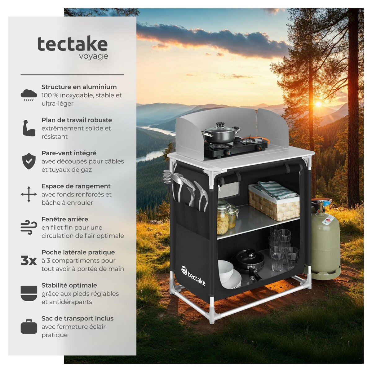 tectake Cuisine de camping premium avec 2 compartiments pliable noir