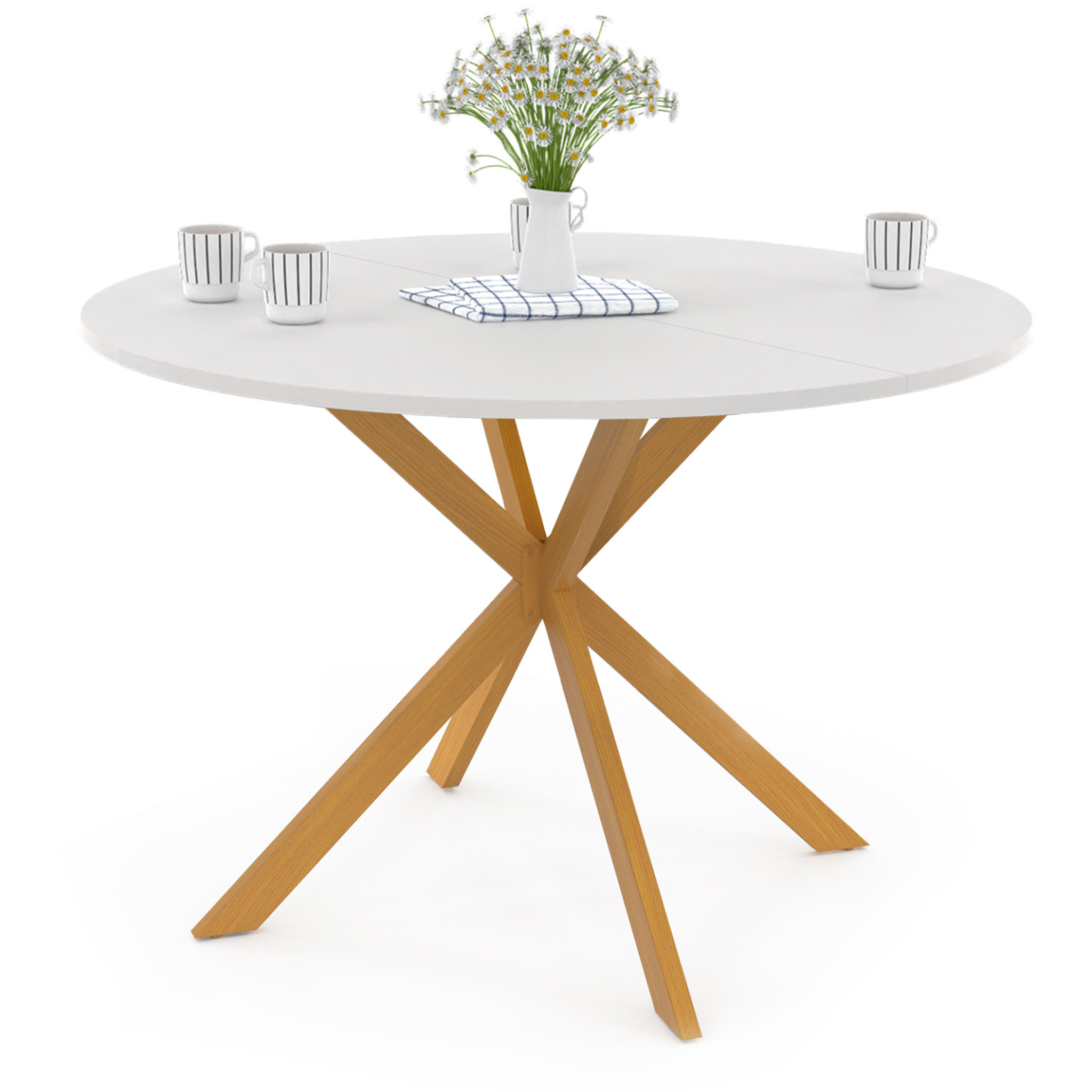 ID MARKET Table à manger ronde alix 6 personnes pied araignée bois plateau blanc gisele 110 cm