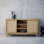 Voir la diapositive 2 : SWEEEK Buffet avec 2 portes coulissantes et étagères. effet bois et détails cannage. buffet bas. 150cm