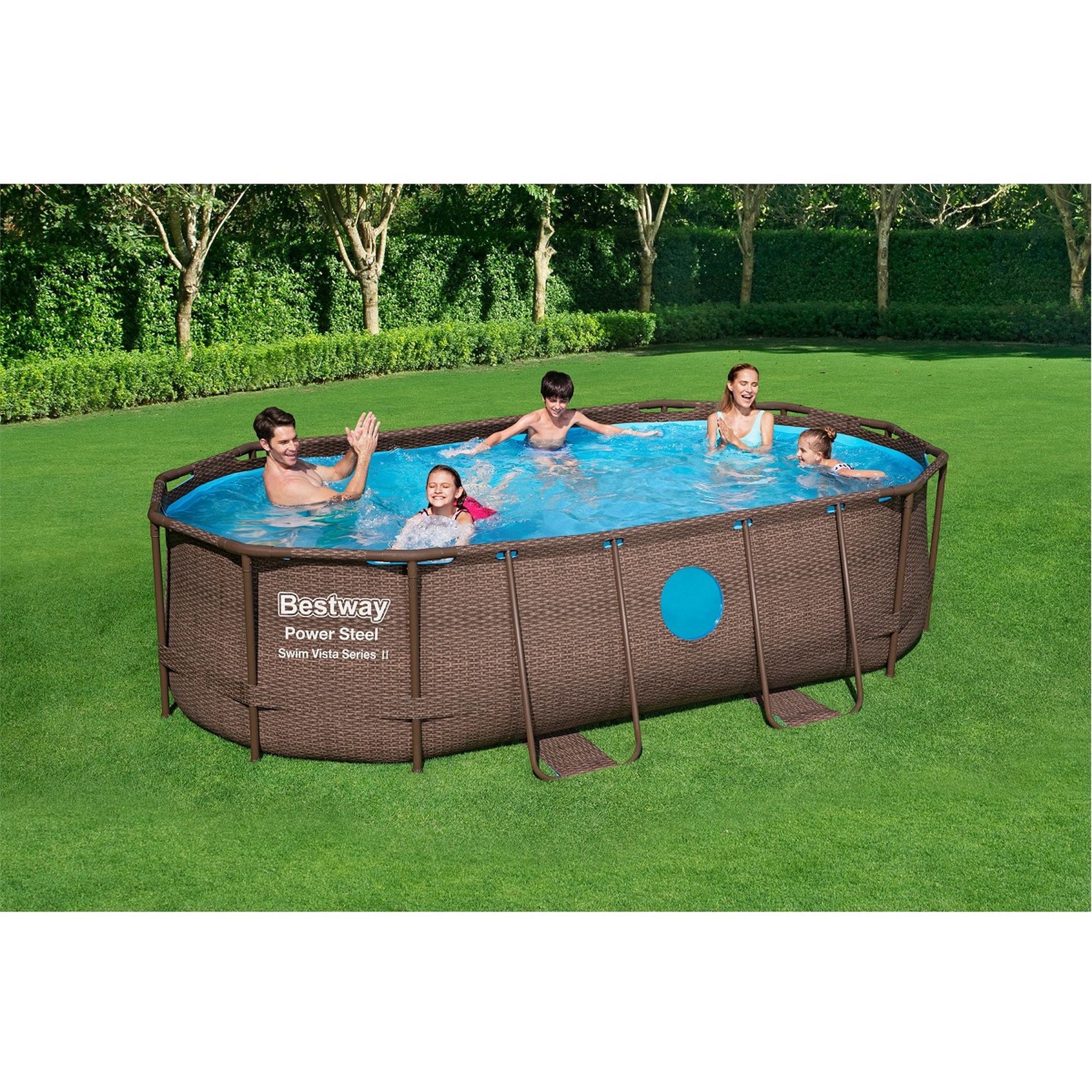 Voir la diapositive 1 : BESTWAY Piscine hors sol 427 x 250 x 100 cm Power Steel&trade; SwimVista ovale motif rotin avec hublots 