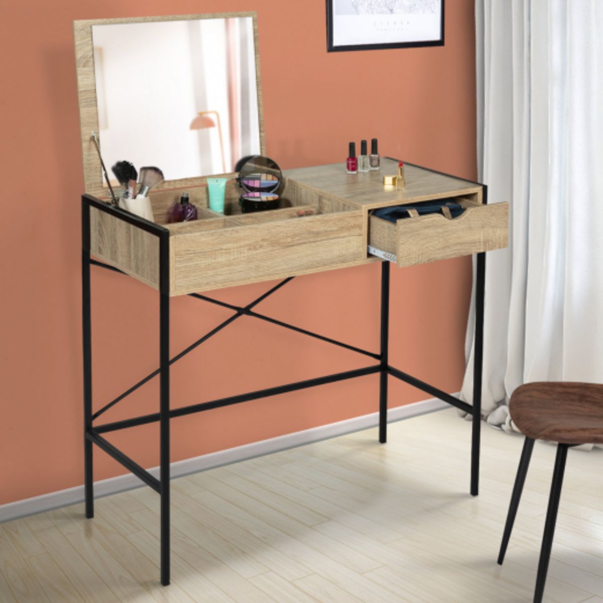 ID MARKET Coiffeuse LUIS miroir rabattable design industriel
