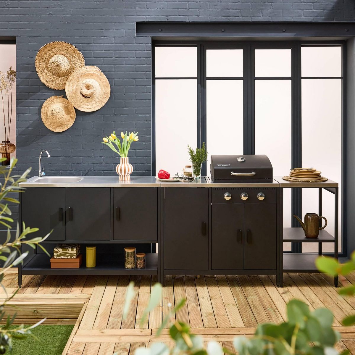 SWEEEK Cuisine extérieure Naxos 3 modules acier inoxydable avec barbecue gaz 3 brûleurs