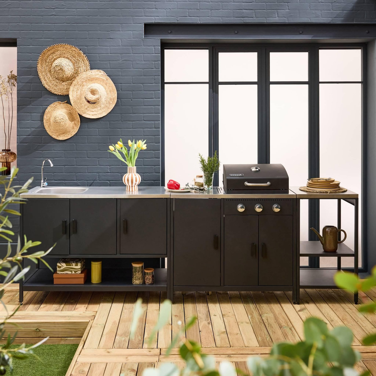 SWEEEK Cuisine extérieure Naxos 3 modules acier inoxydable avec barbecue gaz 3 brûleurs