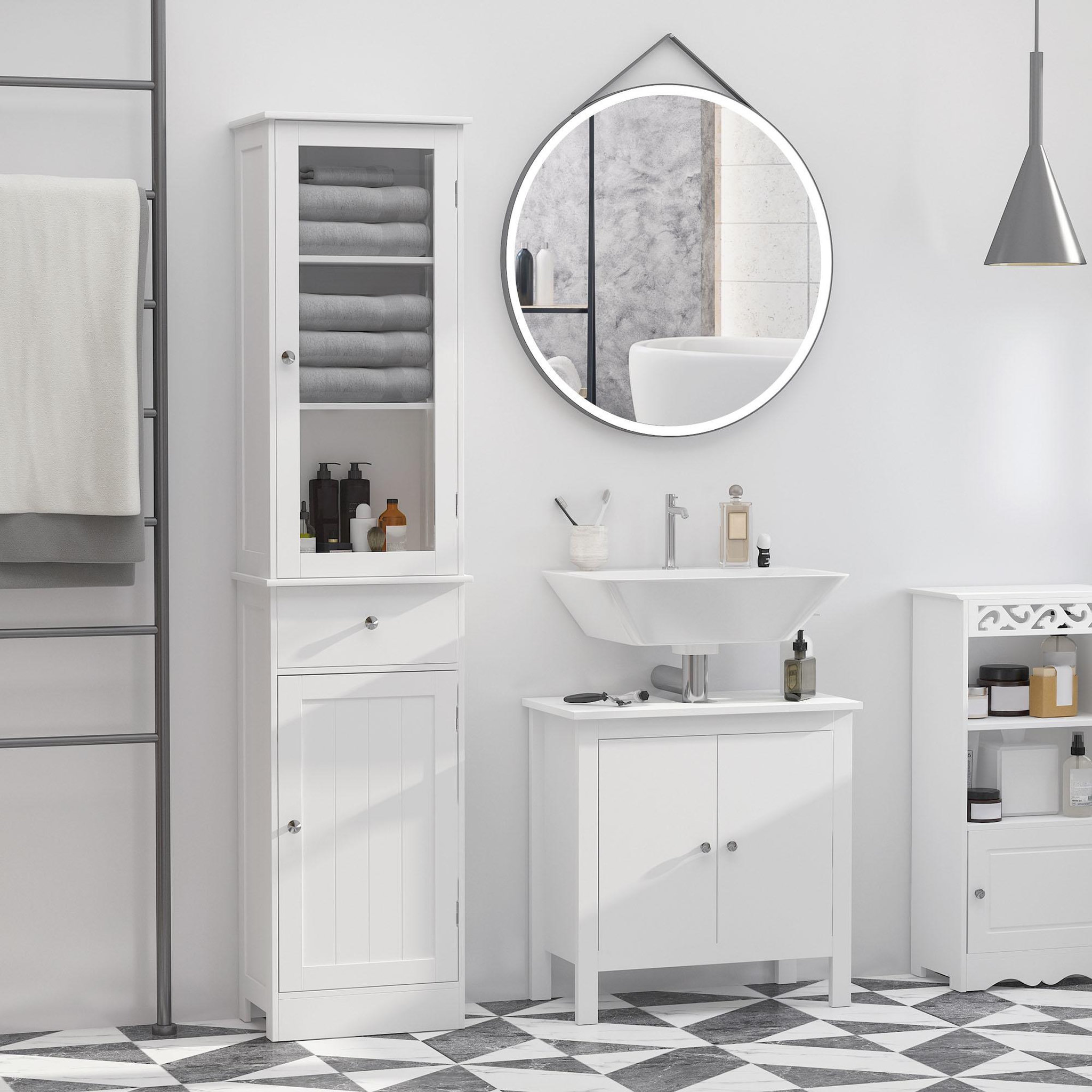Voir la diapositive 2 : KLEANKIN Meuble colonne de salle de bain placard porte acrylique 2 étagères placard porte 1 étagère tiroir MDF blanc