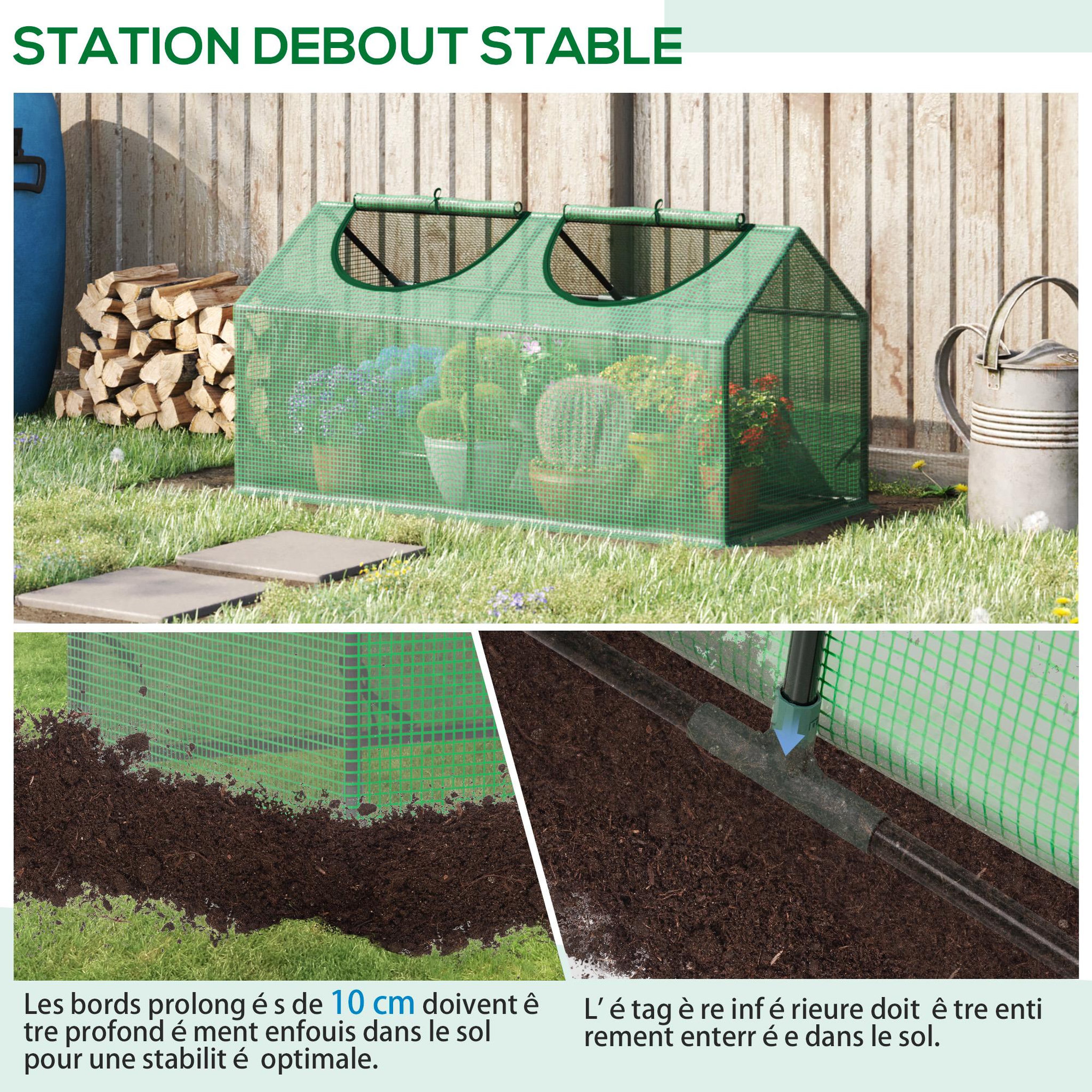 Voir la diapositive 6 : OUTSUNNY Mini serre de jardin serre à tomates 120 x 60 x 60 cm 2 fenêtres zippées enroulables acier thermolaqué PE haute densité vert