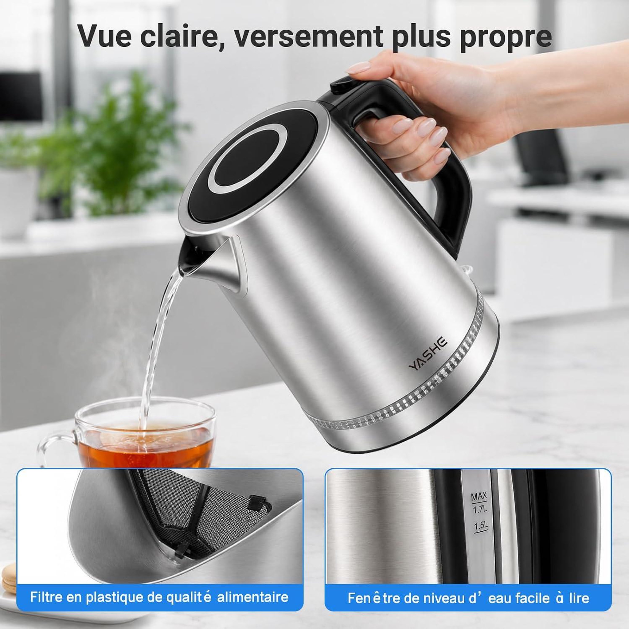 Voir la diapositive 6 : YASHE Bouilloire inox, 1,7 L, 2200 W, base 360°