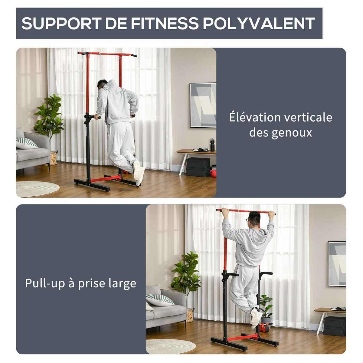 HOMCOM Station de musculation multifonction - barre de traction chaise romaine - hauteur réglable 6 niv. - acier noir rouge