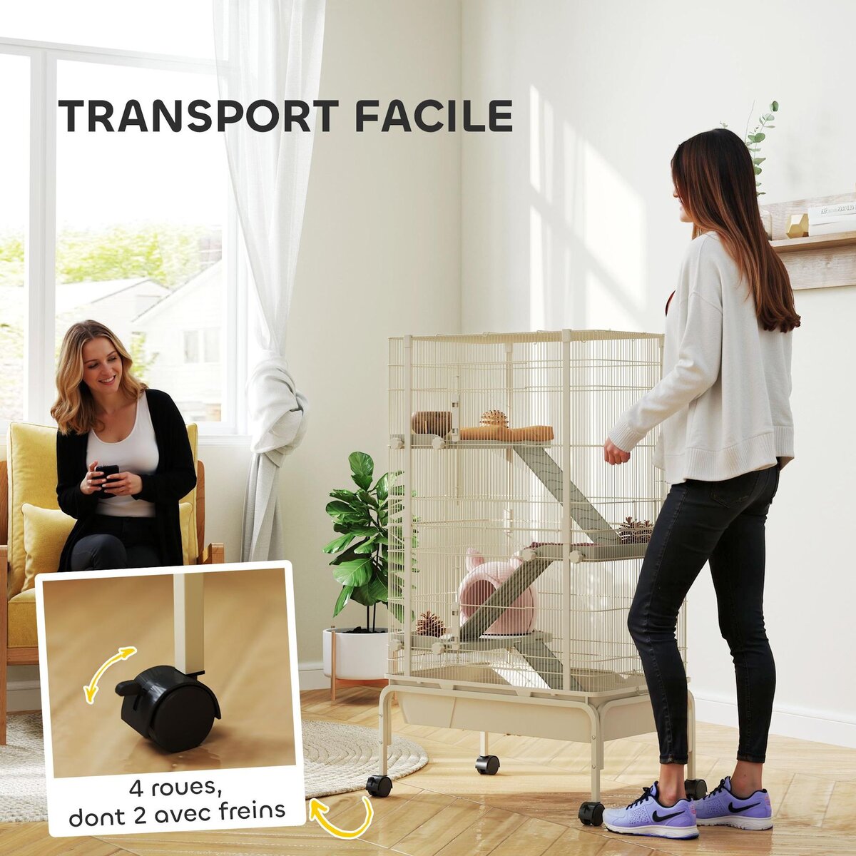 PAWHUT Cage mobile hamster rongeur furet 4 niveaux - 2 portes 3 rampes bac profond roulettes gamelle biberon - 69 x 44 x 120 cm - beige