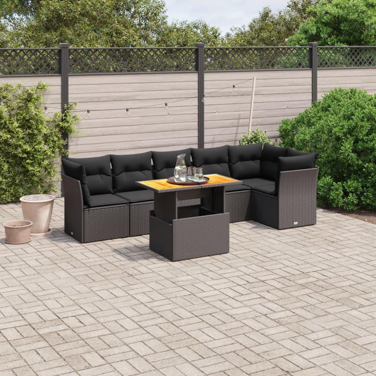 VIDAXL Salon de jardin 7 pcs avec coussins noir resine tressee