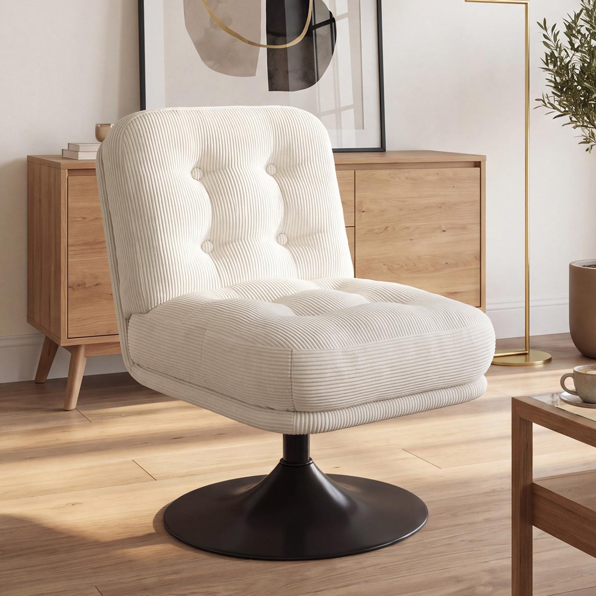 Voir la diapositive 2 : ID MARKET Fauteuil pivotant ALFRED en velours côtelé beige pied tulipe métal noir