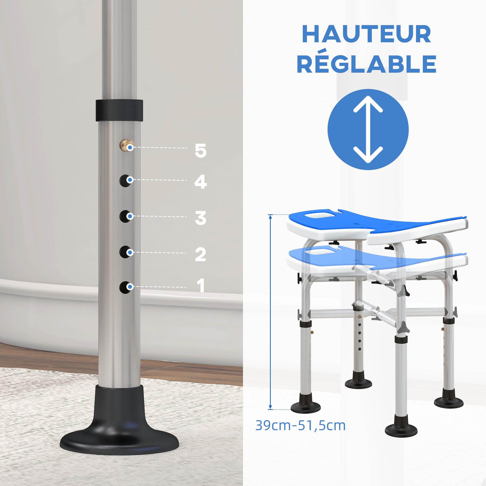 Voir la diapositive 6 : HOMCOM Tabouret de douche - siège de douche avec barre d'appui ventouse - hauteur réglable - alu hdpe bleu blanc