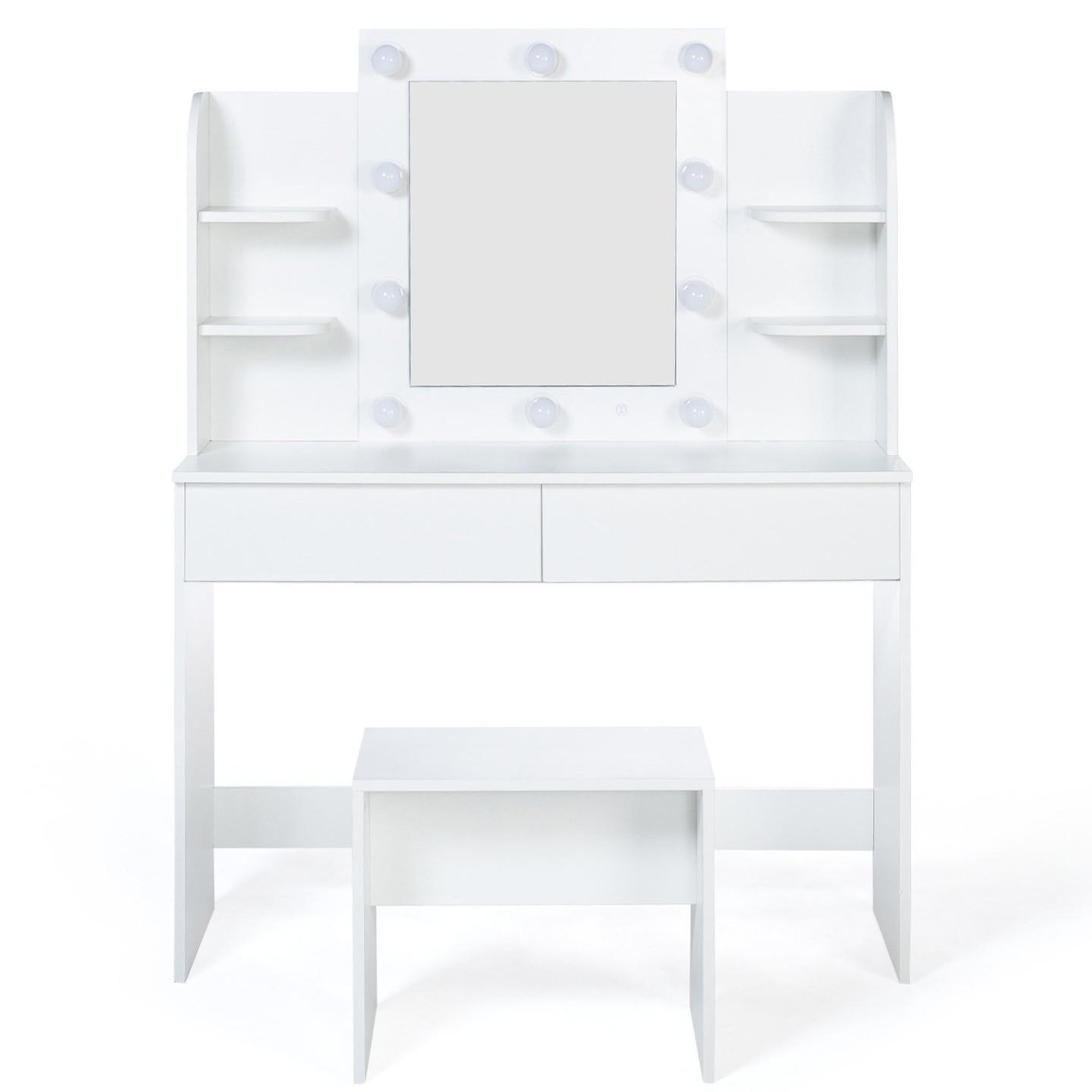 Voir la diapositive 3 : ID MARKET Coiffeuse zelia blanche table de maquillage 4 étagères, miroir led et tabouret