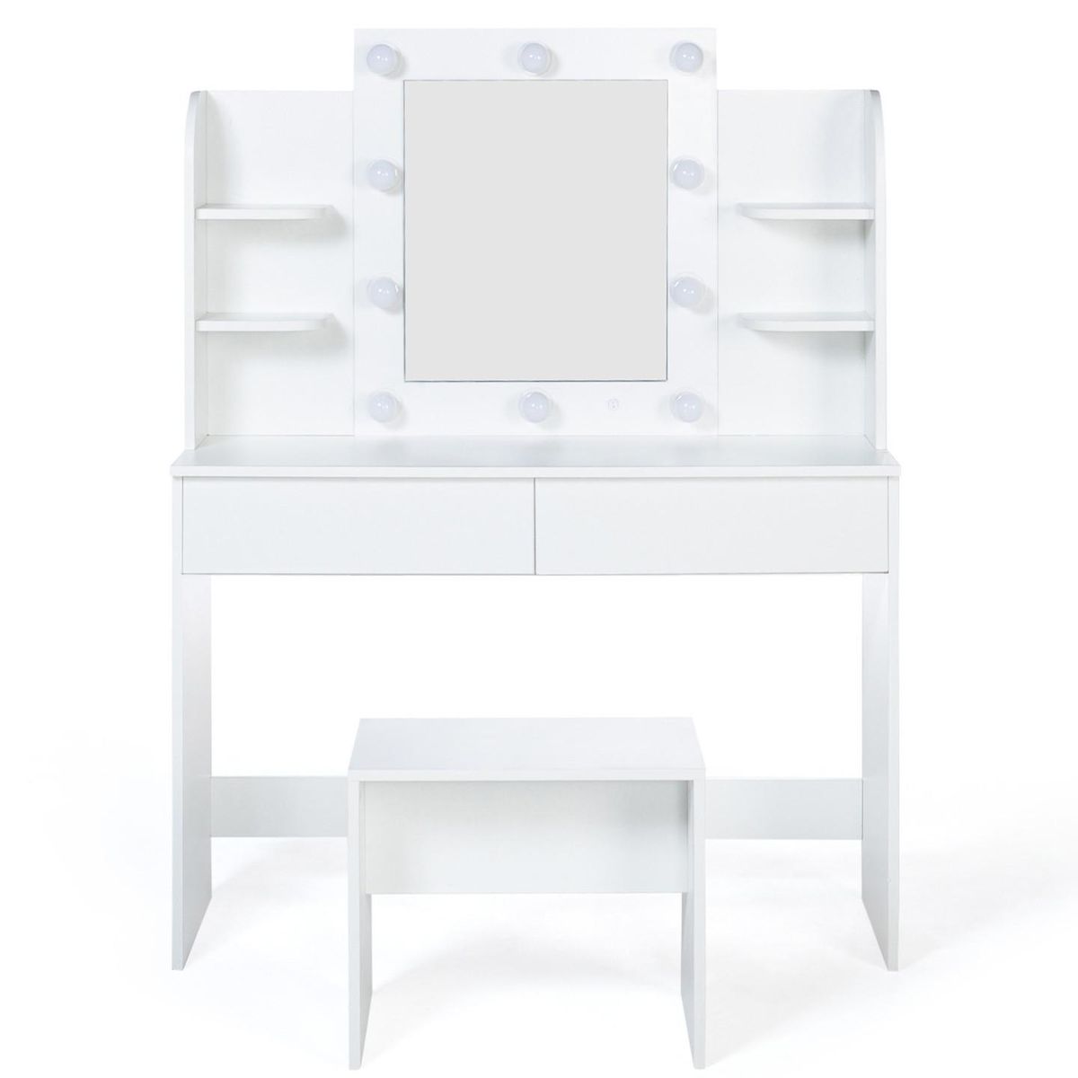 ID MARKET Coiffeuse ZELIA blanche table de maquillage 4 étagères, miroir LED et tabouret
