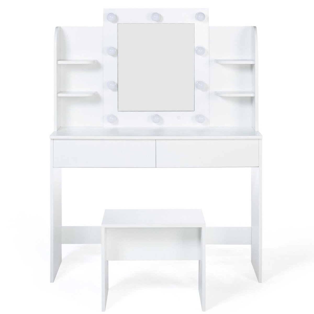 ID MARKET Coiffeuse ZELIA blanche table de maquillage 4 étagères, miroir LED et tabouret