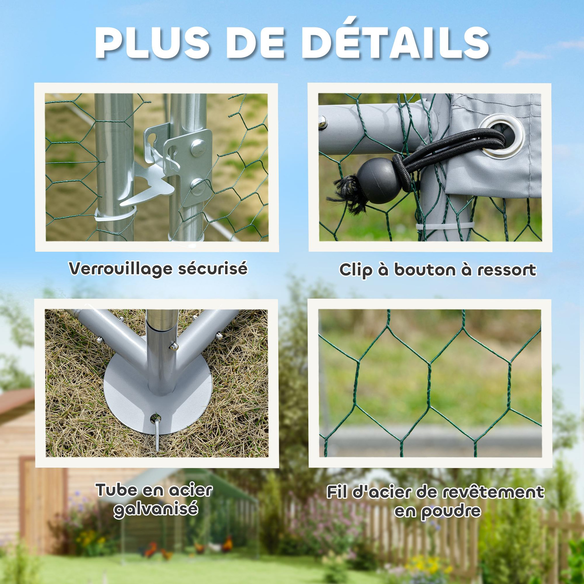 Voir la diapositive 6 : PAWHUT Enclos poulailler chenil 5,1 m² couvert - parc grillagé dim. 3L x 1,7l x 1,9H m - porte - acier galvanisé oxford gris