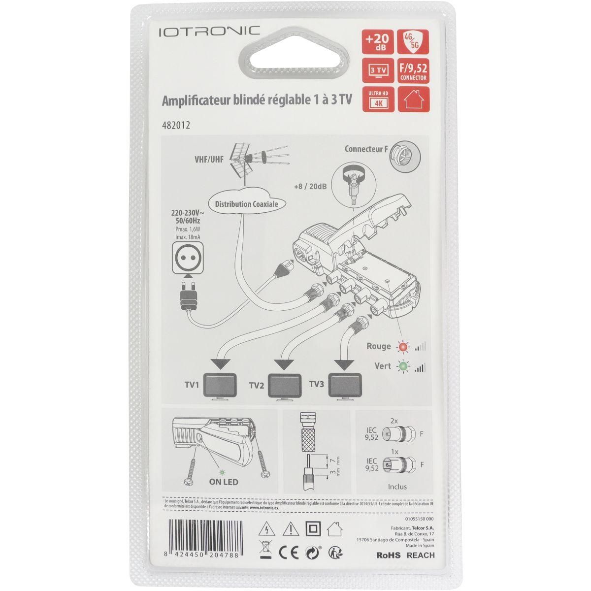 TELEVES Amplificateur TV intérieur 3 TV 20db réglable avec LED