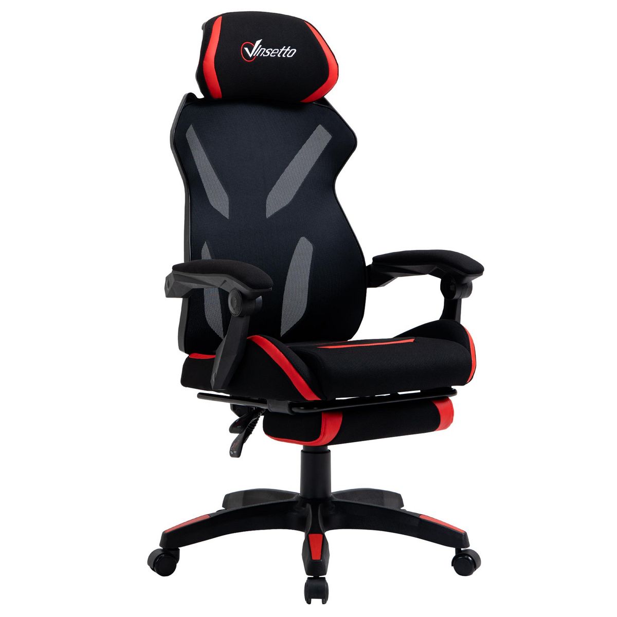 VINSETTO Vinsetto Fauteuil gaming chaise gamer réglable pivotant dossier inclinable repose-pied polyester rouge noir