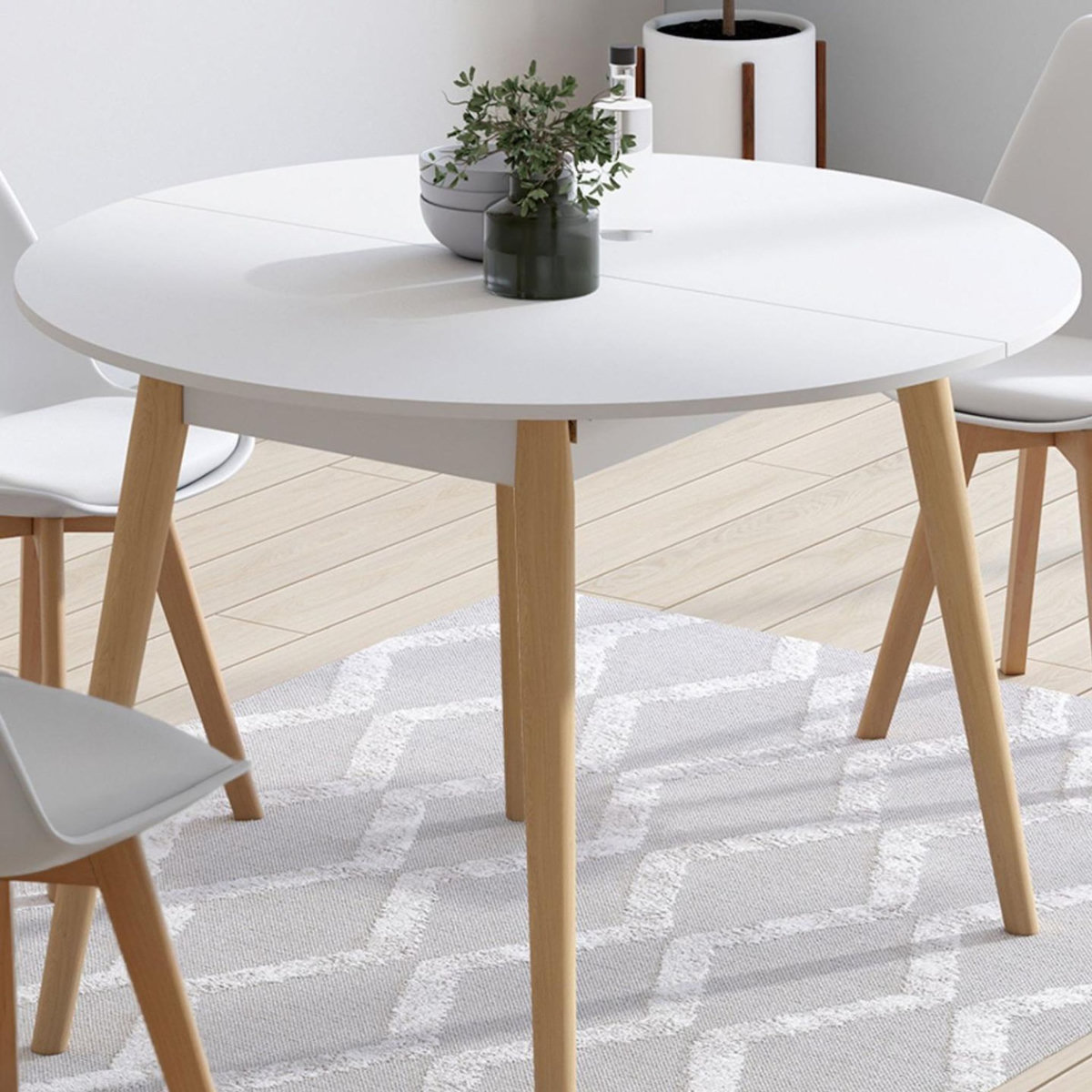 ID MARKET Table à manger extensible ronde ANGELA 4-10 personnes blanc pied bois 110 - 200 cm