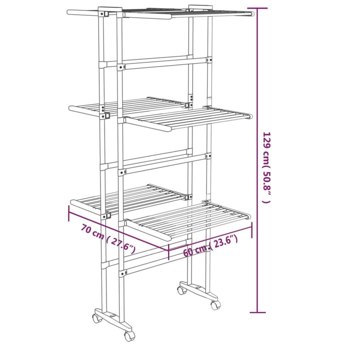 VIDAXL Etagere a linge a 3 niveaux avec roues Argente 60x70x129 cm