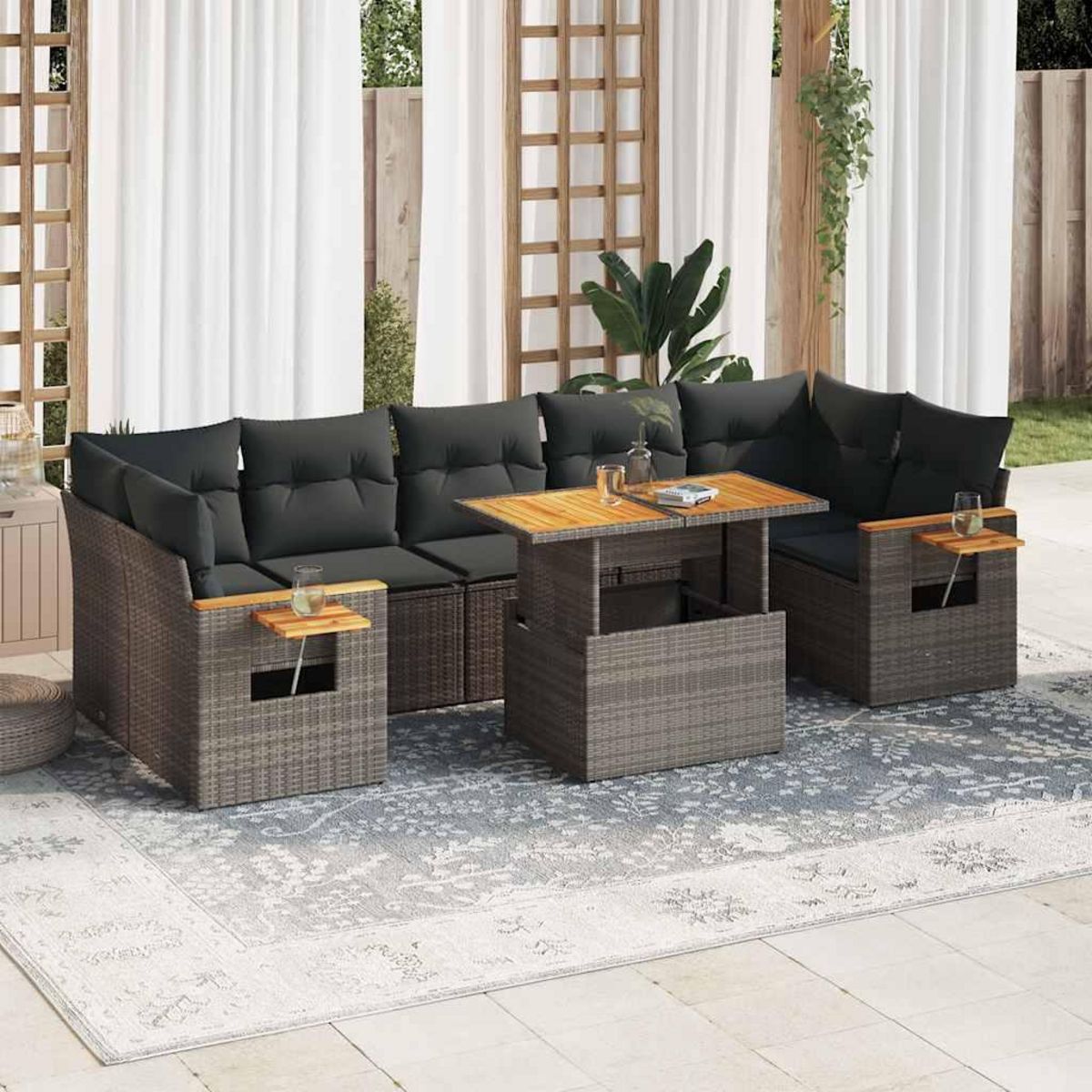 VIDAXL Salon de jardin avec coussins 8 pcs gris resine tressee acacia