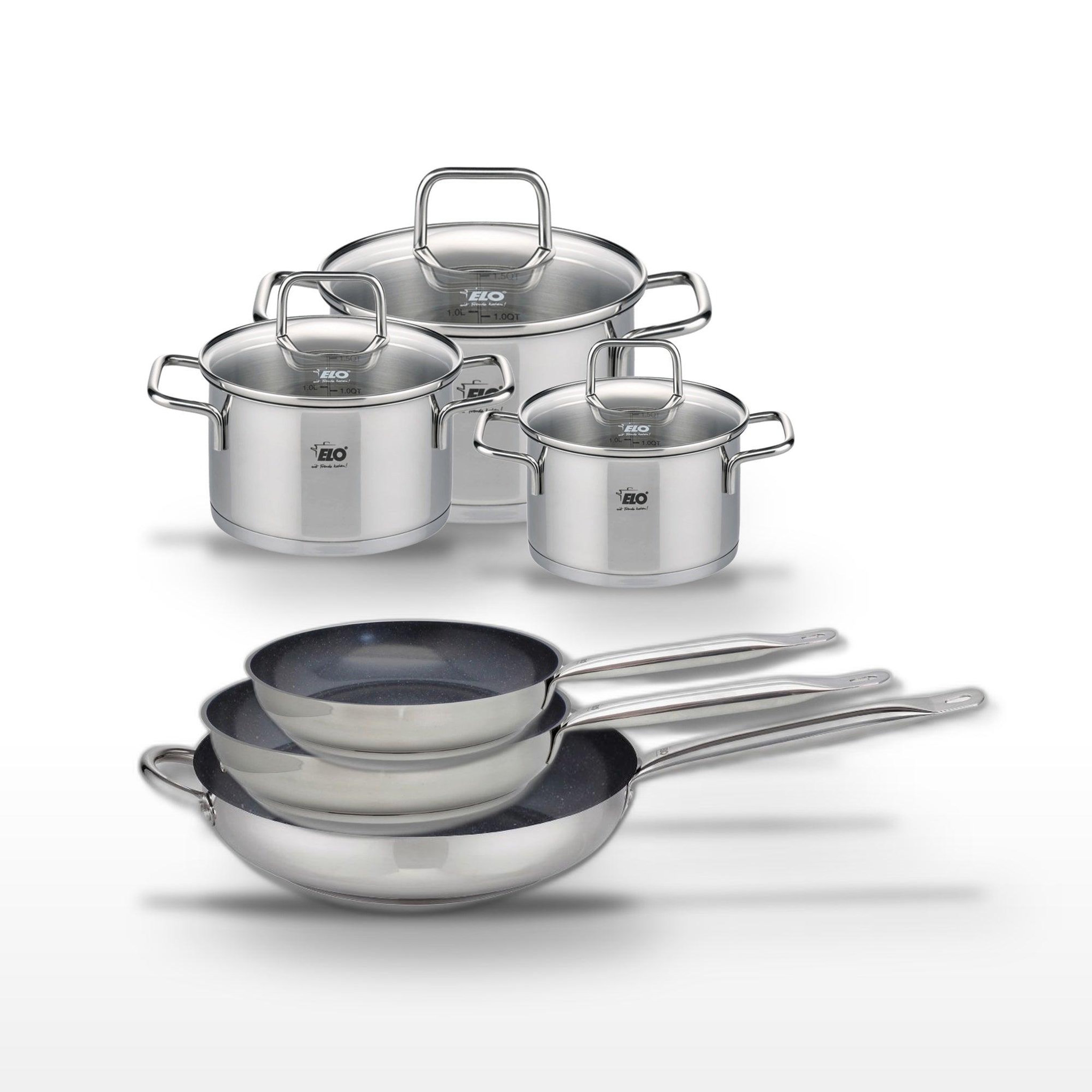ELO Lot de 3 Poêles céramiques 24/28/32 cm Elo Profi Therm Platinum et 3 Faitouts Elo Citrin