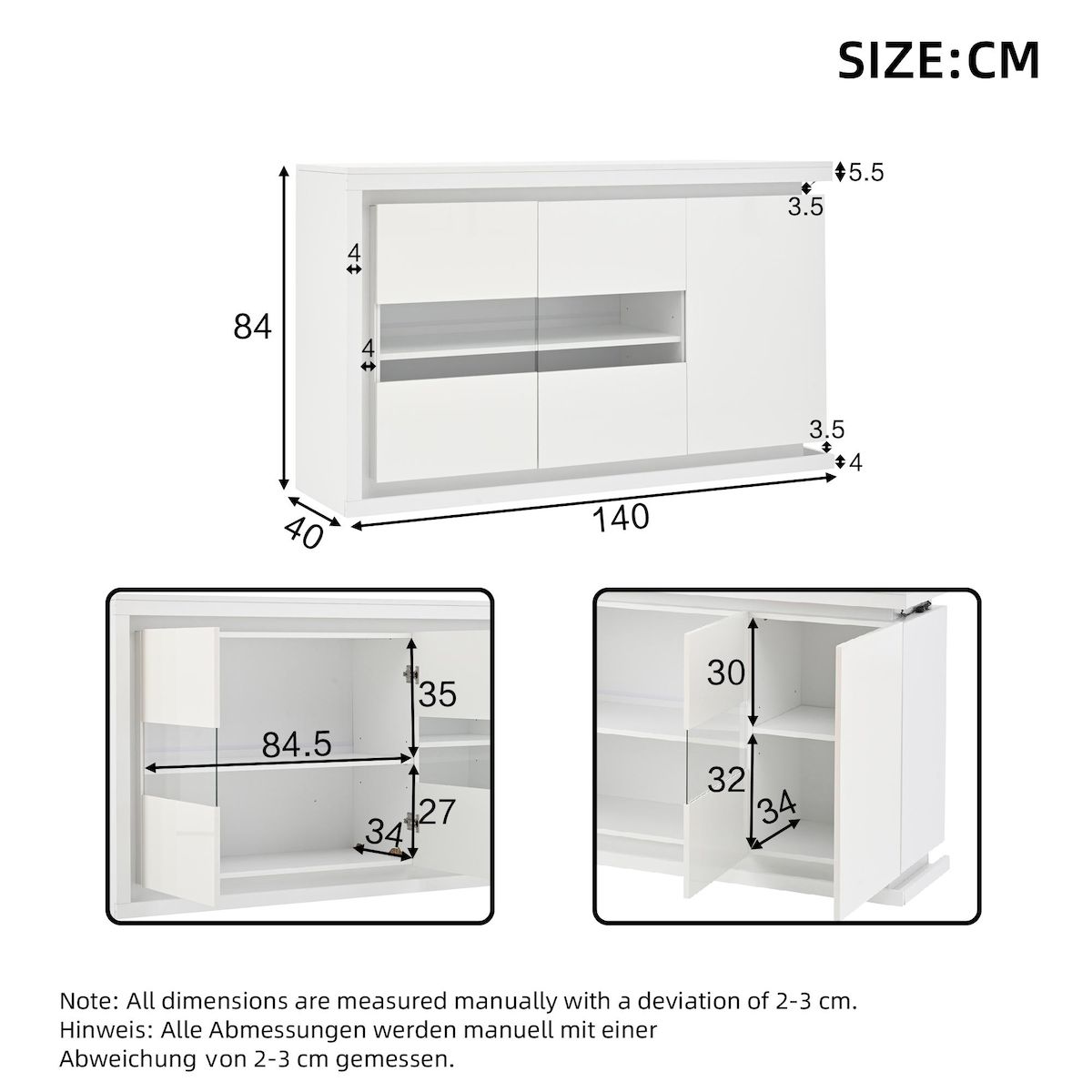 MERAX Buffet 3 porte(s) 0 tiroir(s) - 140 cm blanc led panneau de particules