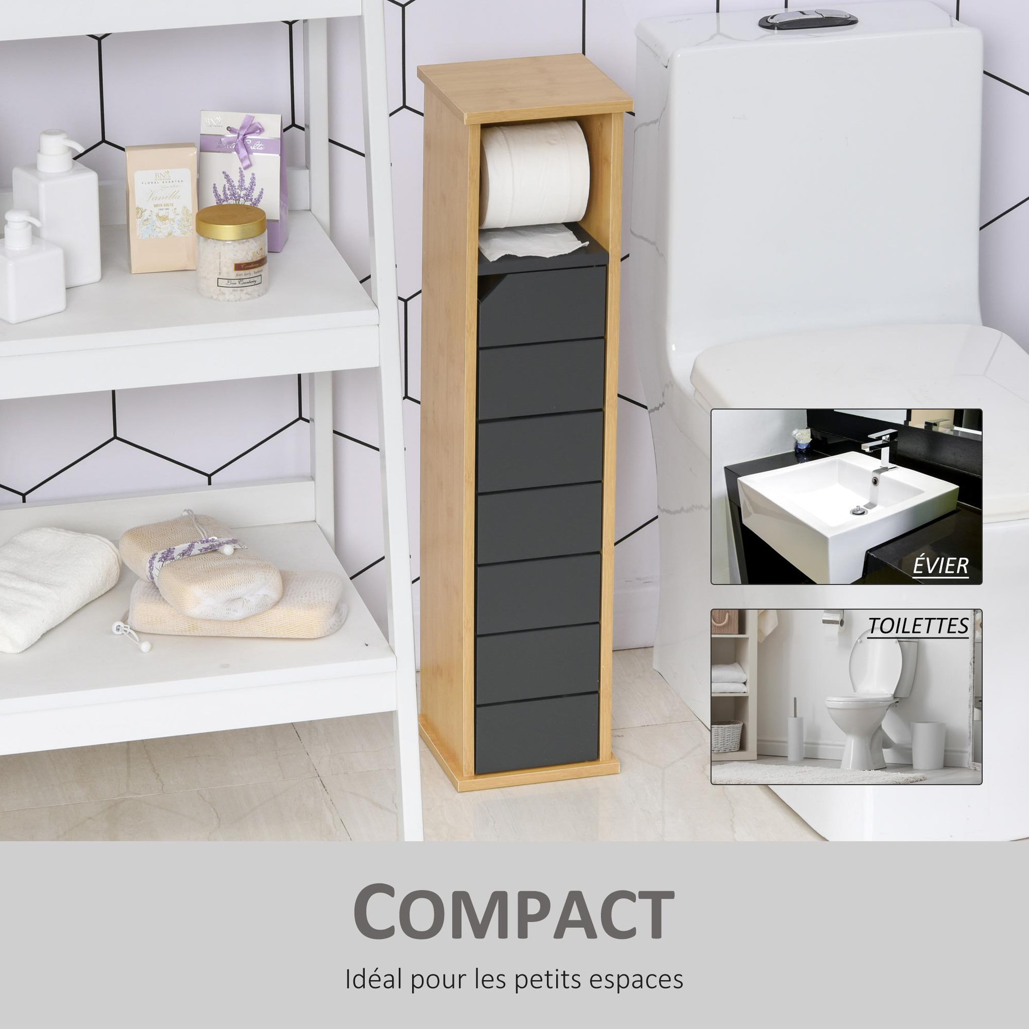 Voir la diapositive 6 : HOMCOM Support papier toilette - porte-papier toilette - armoire pour papier toilette - 2 niveaux + sortie papier mdf gris bambou