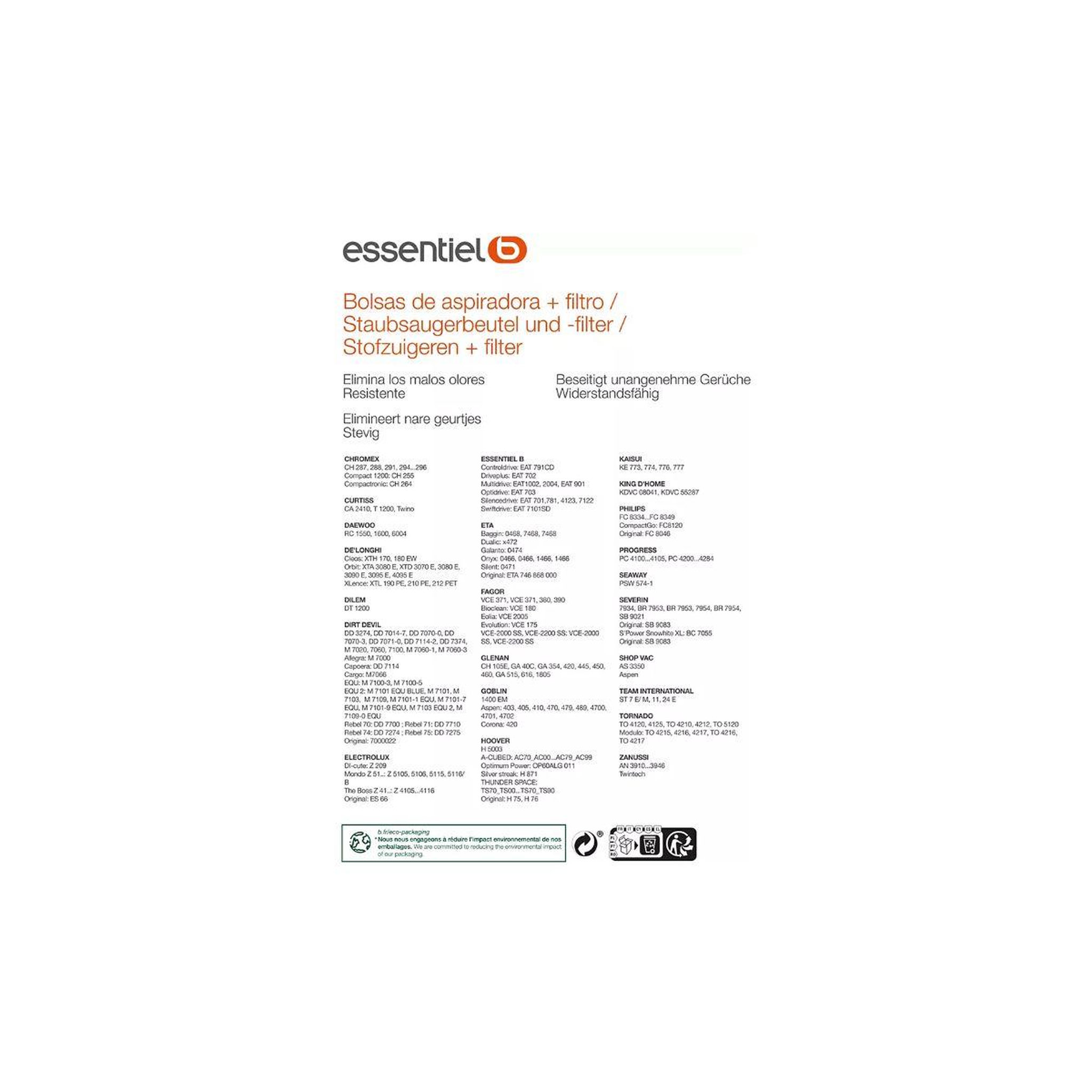 Voir la diapositive 5 : ESSENTIEL B Sac aspirateur eb1900