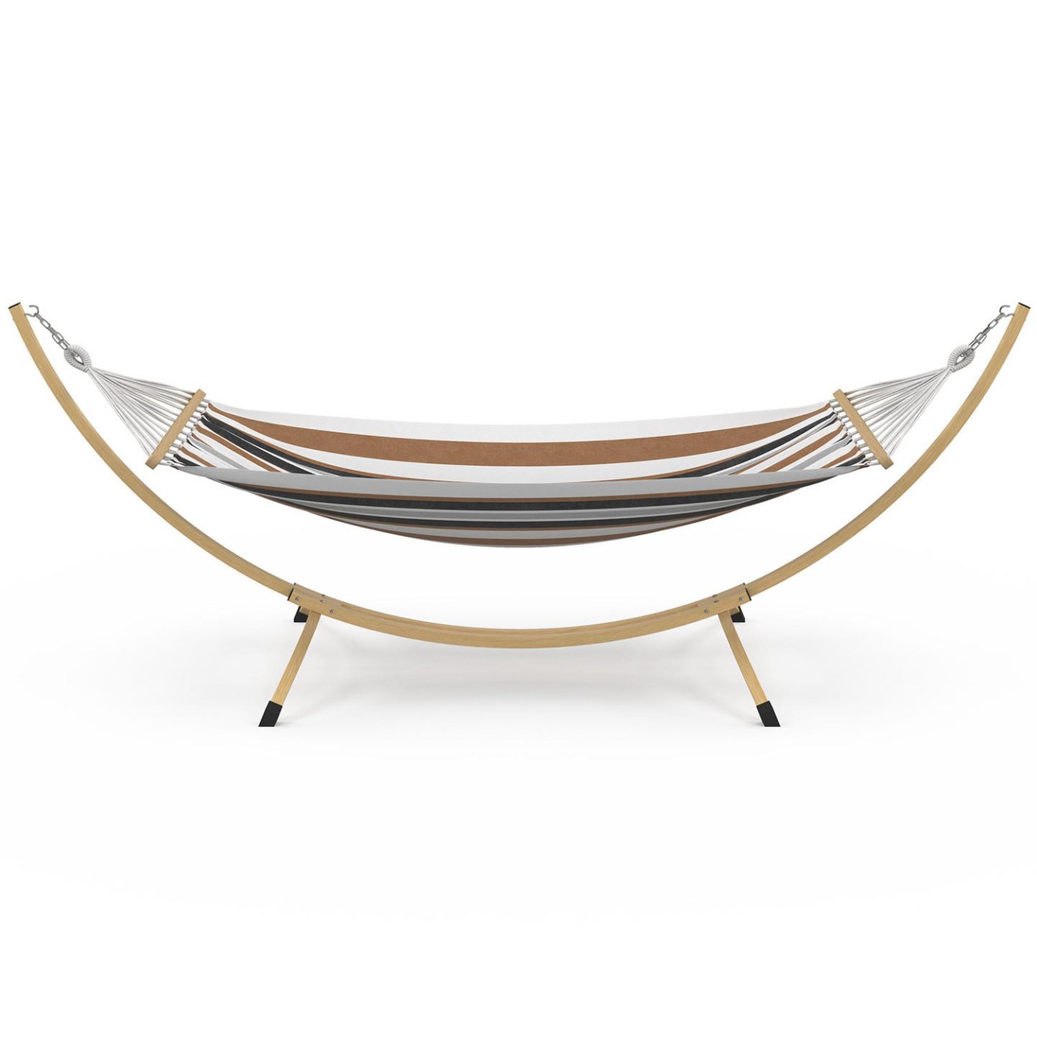 Voir la diapositive 3 : ID MARKET Hamac xl avec support métal effet bois et toile rayée noire, blanche et chocolat