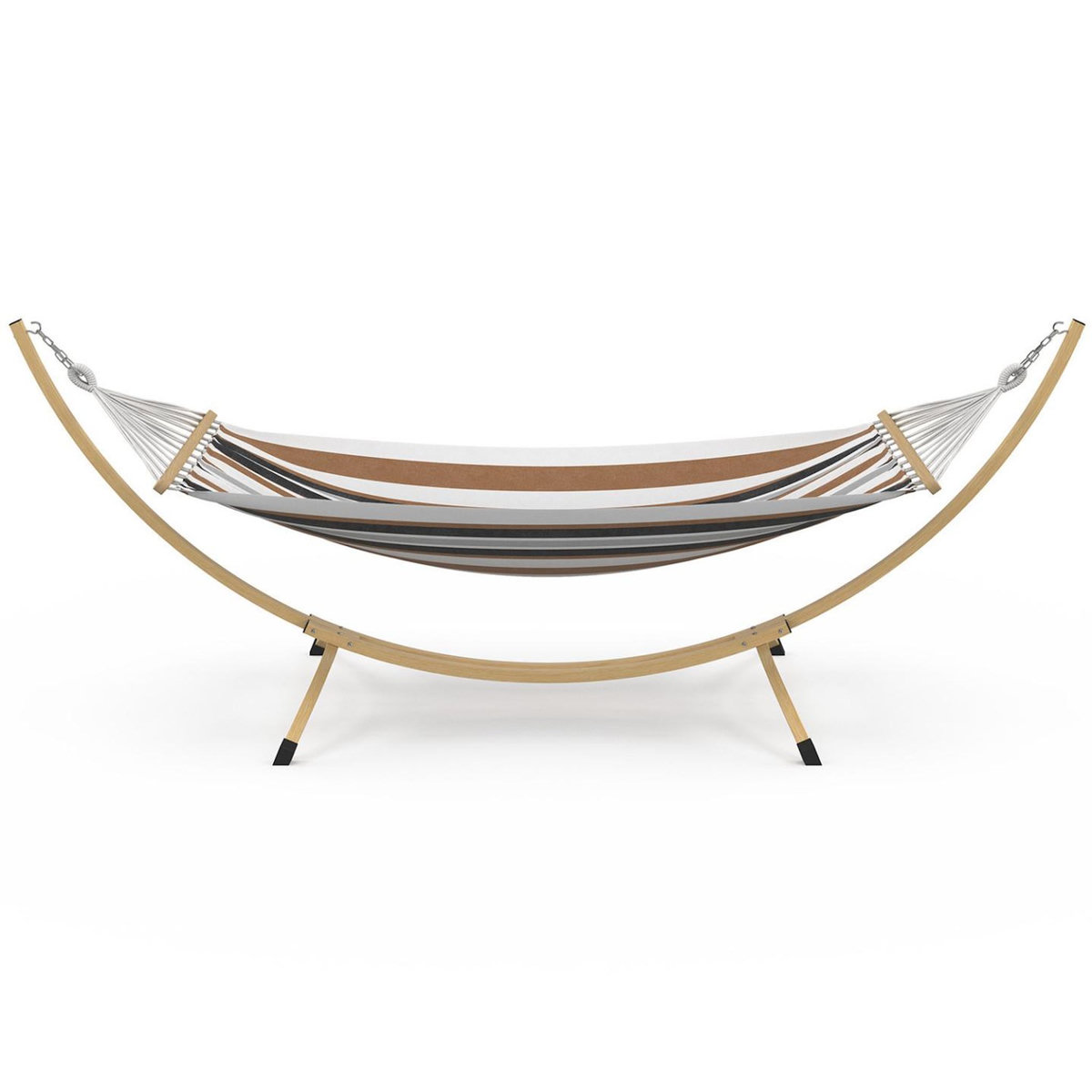 ID MARKET Hamac XL avec support métal effet bois et toile rayée noire, blanche et chocolat