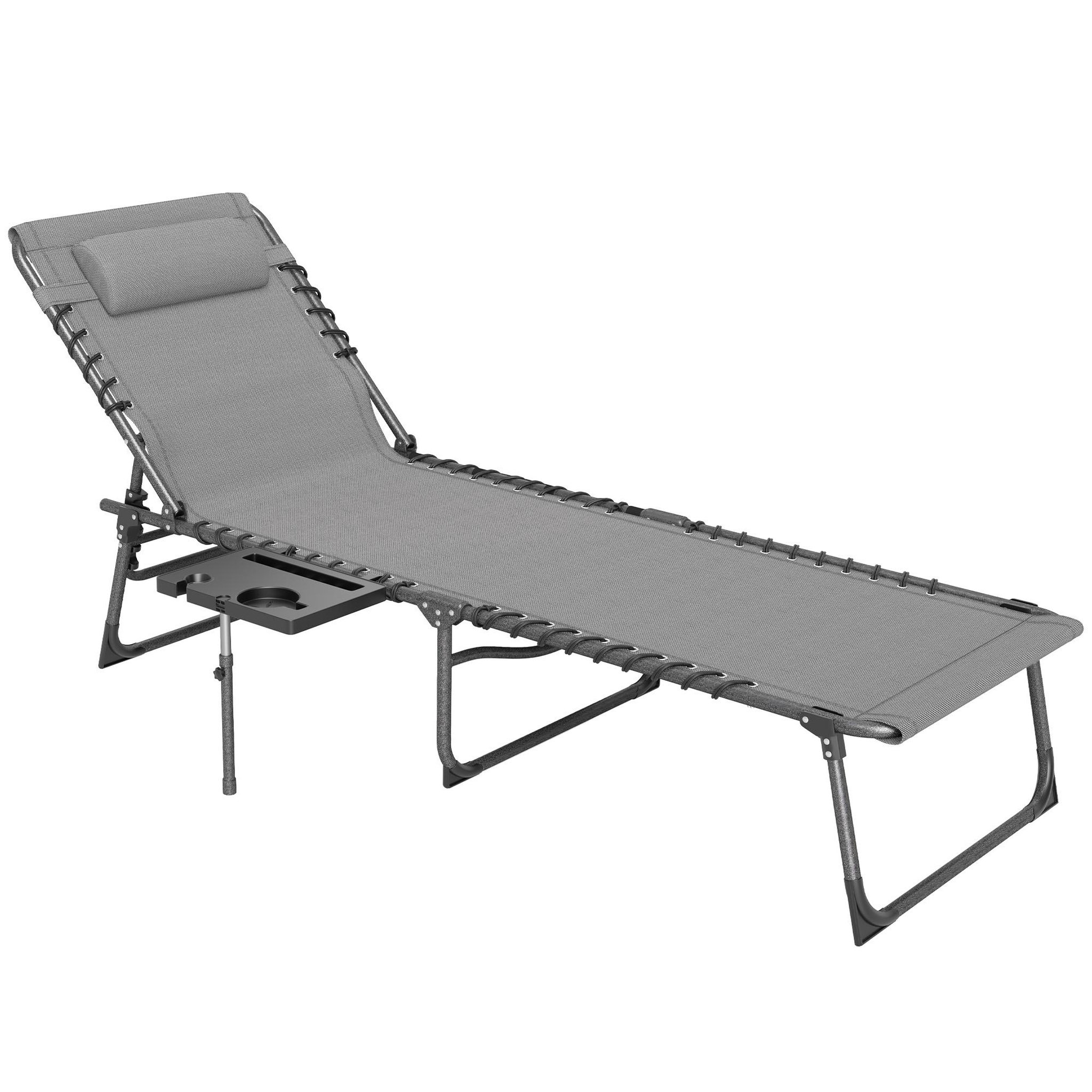 OUTSUNNY Bain de soleil transat pliable inclinable avec poignée, plateau et pochette rangement acier oxford gris