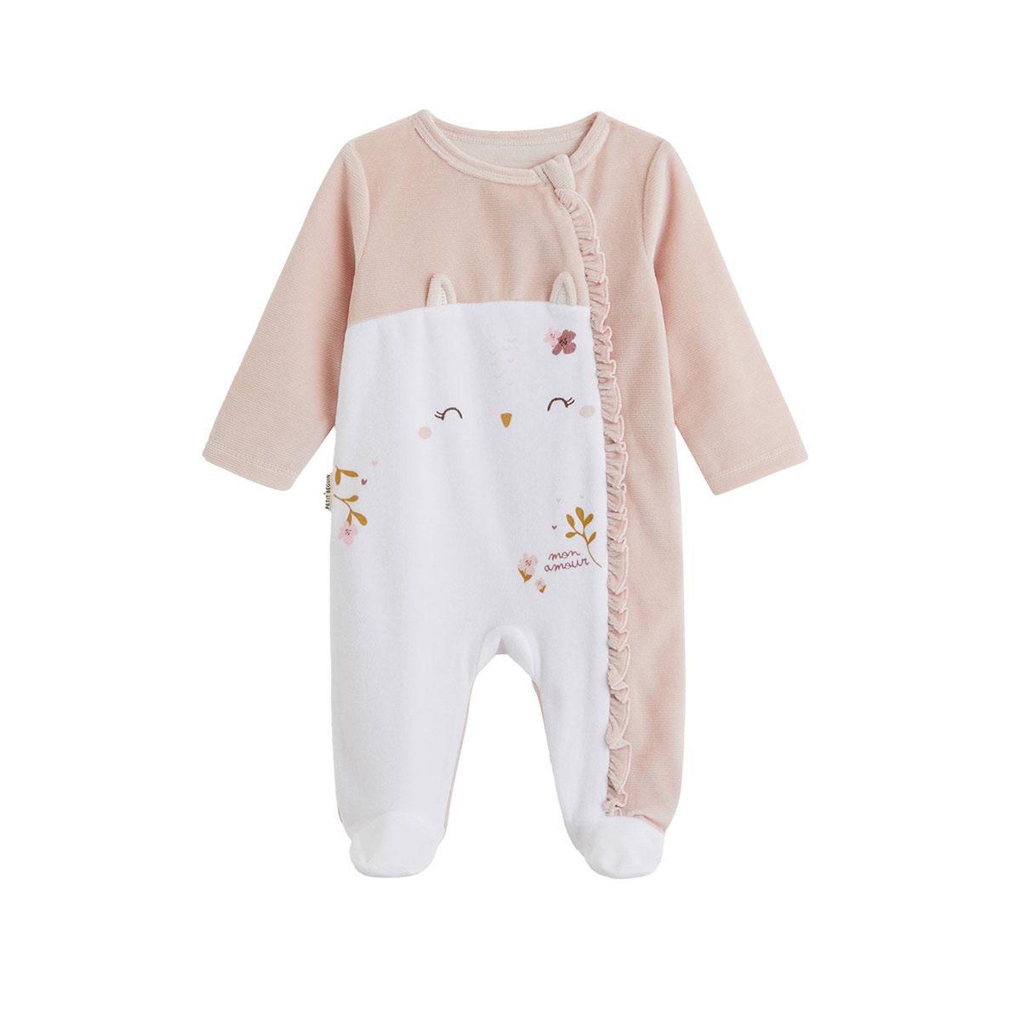 PETIT BEGUIN Pyjama bébé en velours ouverture zippée Miette. Coloris disponibles : Rose