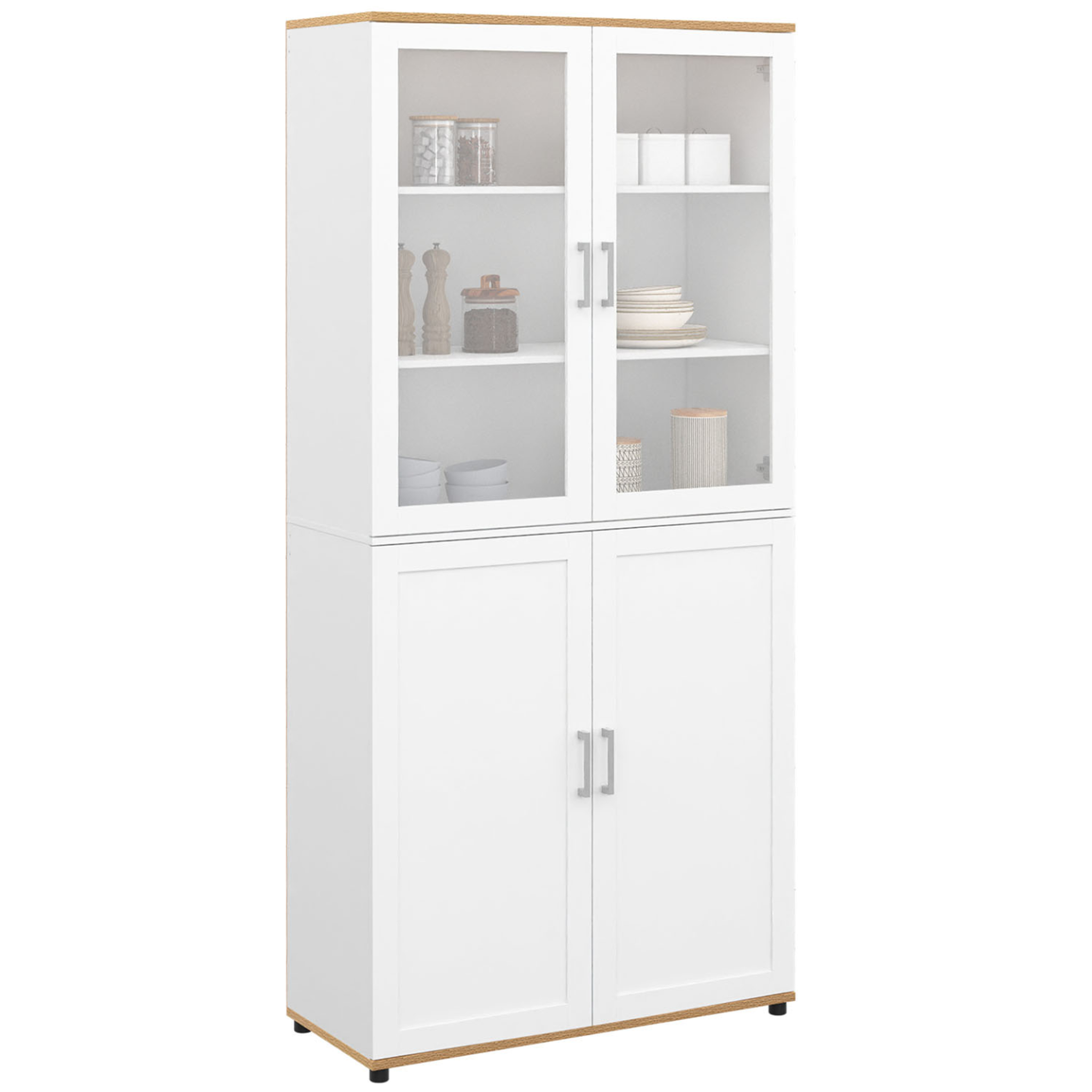 ID MARKET Meuble armoire colonne salle de bain vito 4 portes dont 2 vitrées blanc et bois