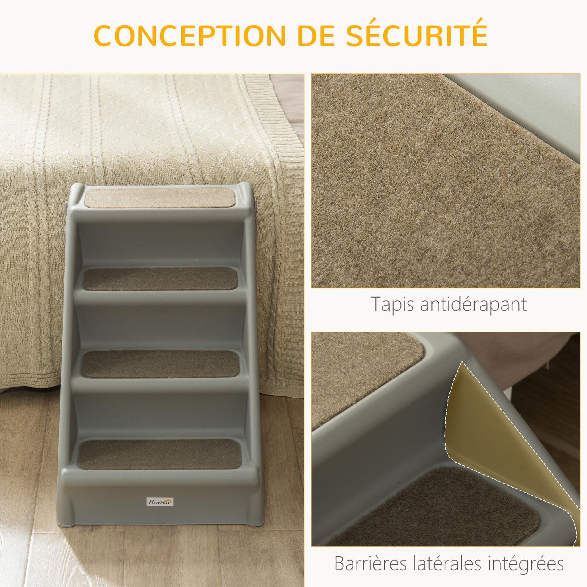 Voir la diapositive 6 : PAWHUT Escalier pour chien pliant 4 marches antidérapantes 10 kg max. Pp gris