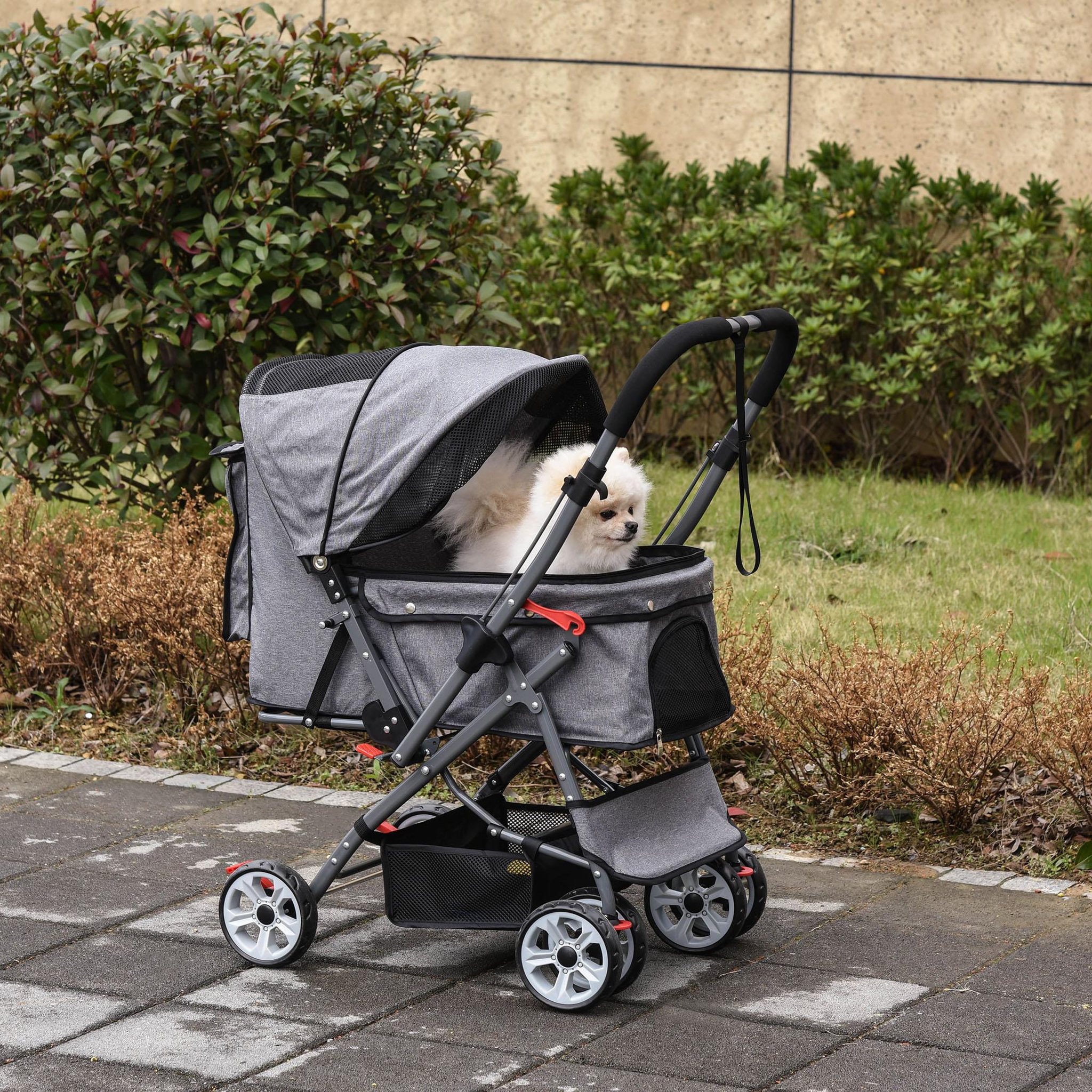 Voir la diapositive 2 : PAWHUT Poussette buggy pliable chien chat panier et sac de rangement attaches sécurité housse réglable poignée réversible acier oxford gris chiné noir