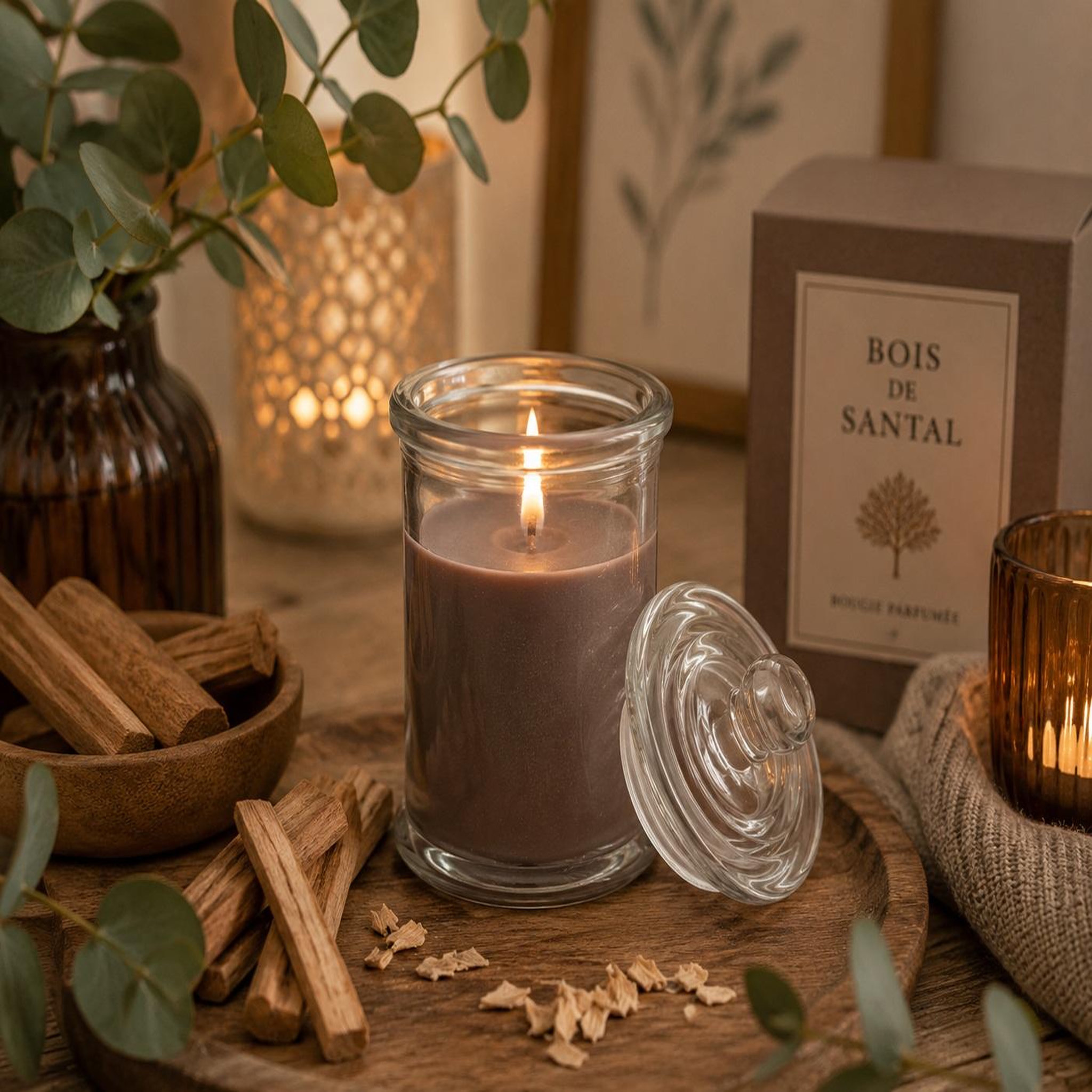 Voir la diapositive 2 : Eden Bougie bocal en verre bois de santal