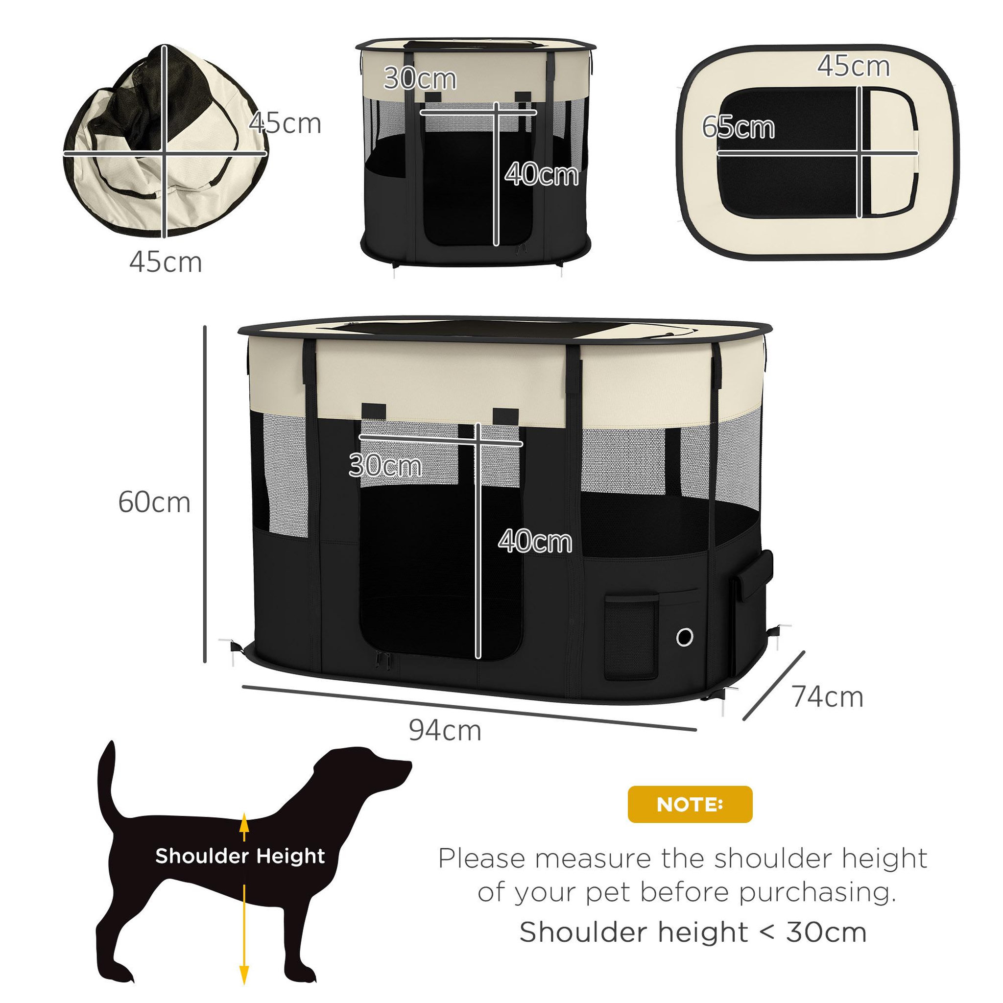 Voir la diapositive 3 : PAWHUT Parc pour chien pliable dim. 94l x 74l x 60h cm tissu oxford crème noir
